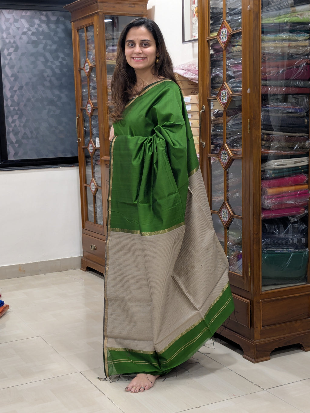 Green Maheshwari Handloom Kosa Silk Saree