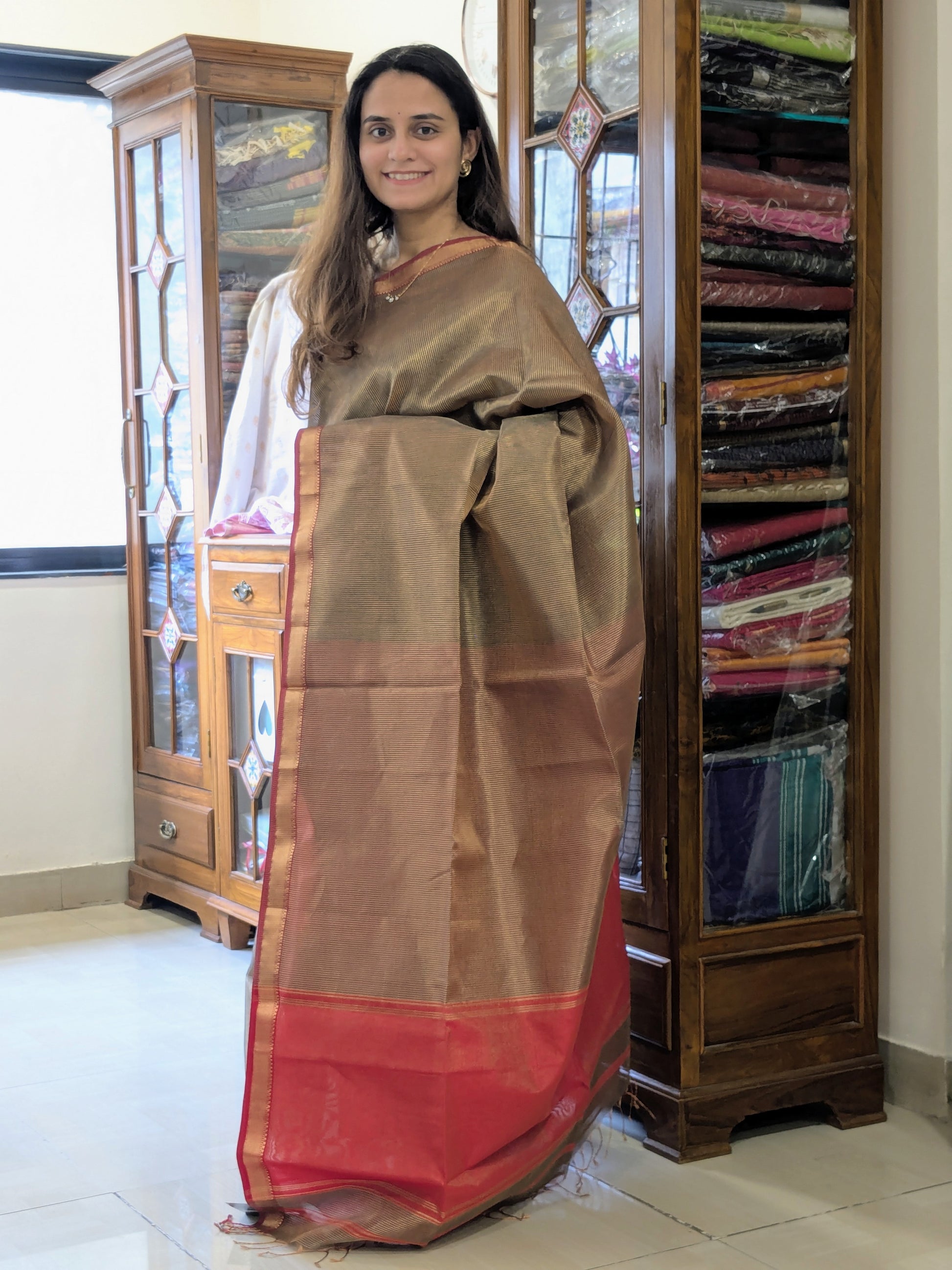 Green Maheshwari Handloom Tissue Silk Saree