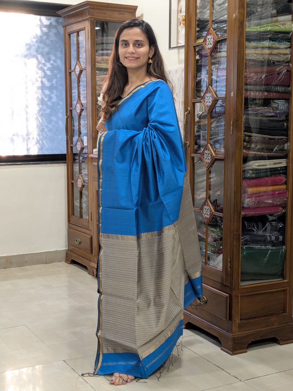 Sky Blue Maheshwari Handloom Kosa Silk Saree