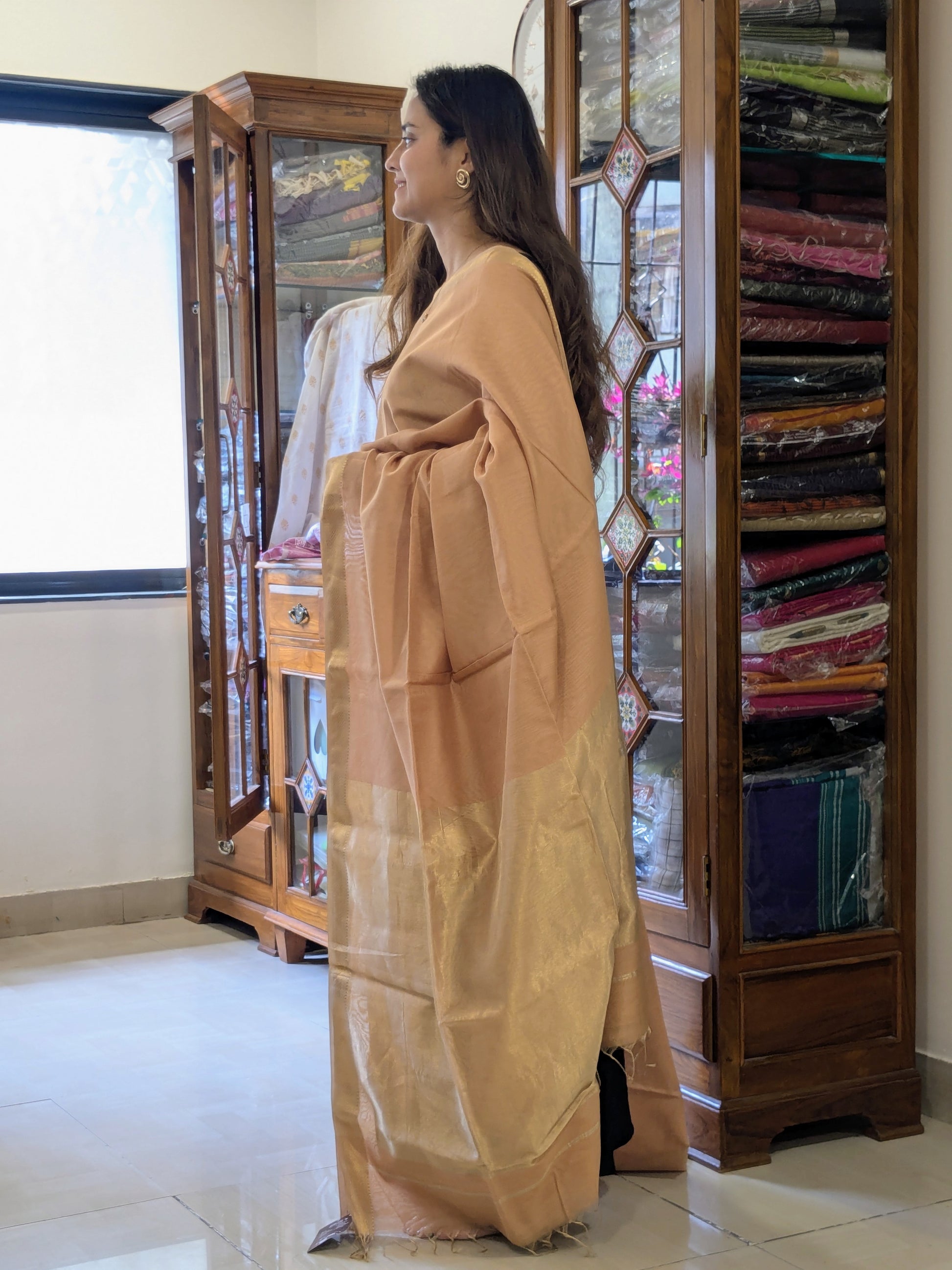 Maheshwari Light Brown Tissue Cotton Saree