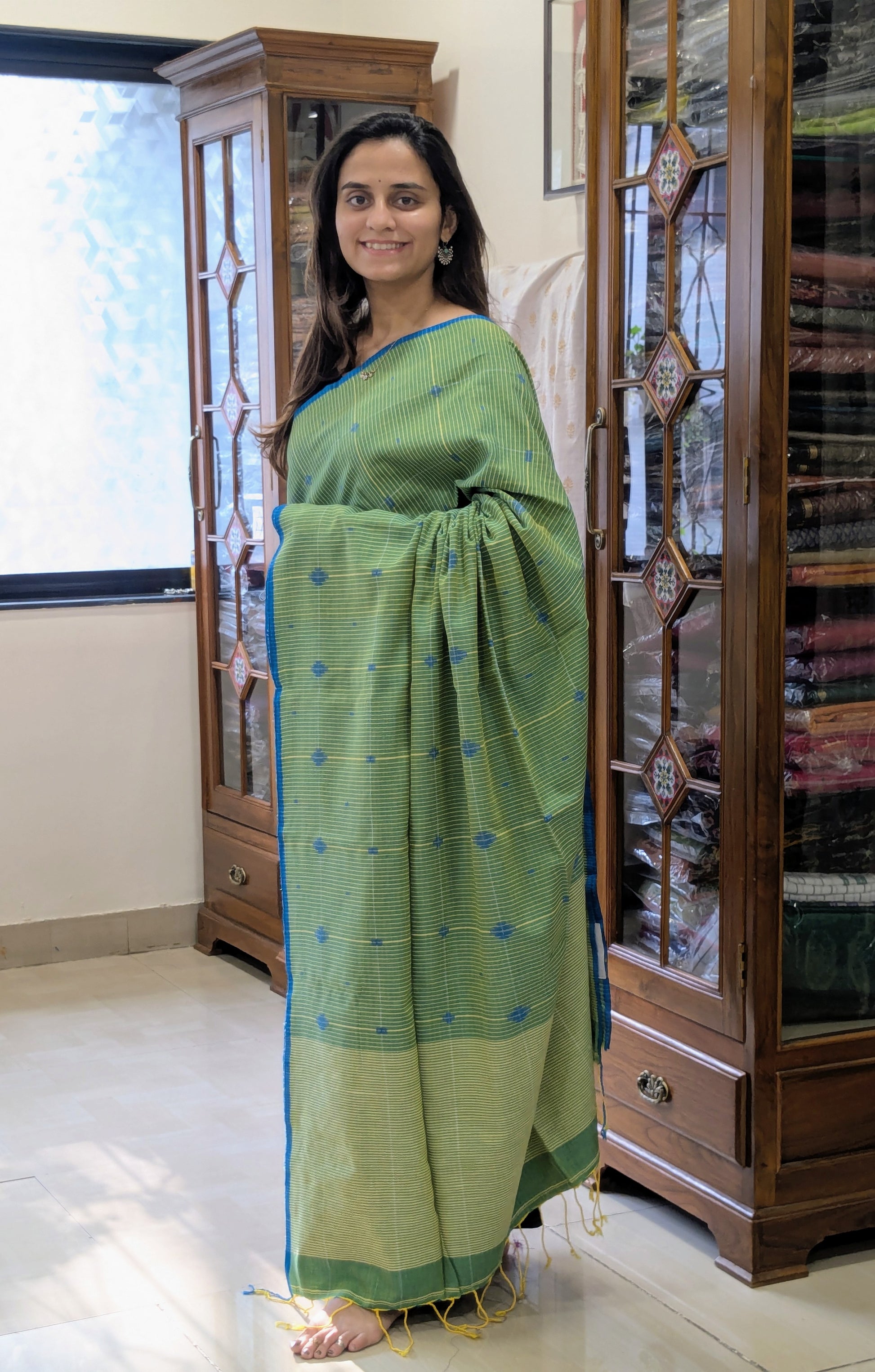 Handloom Pista Green Jamdani Saree with Checks