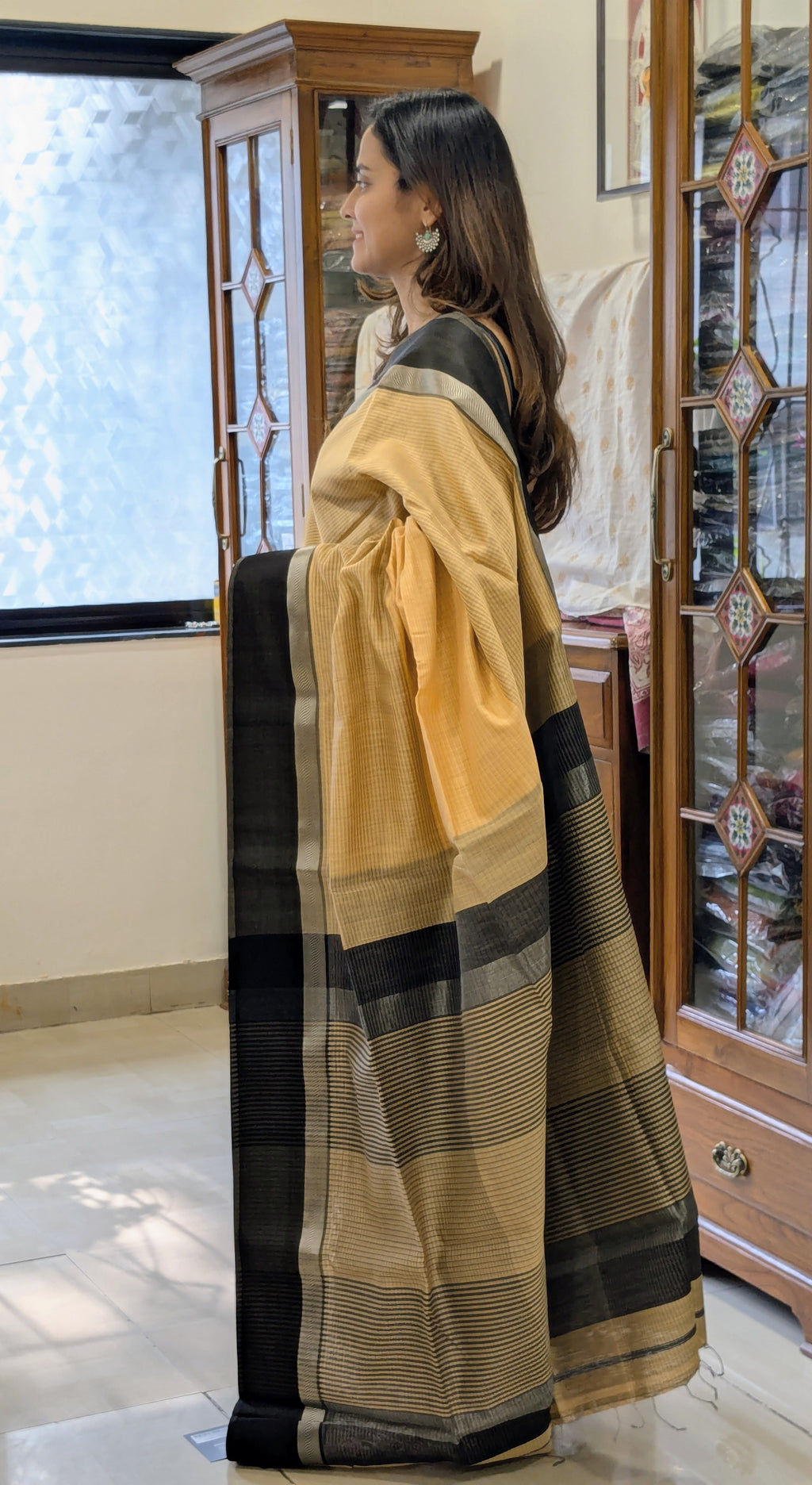 Maheshwari Light Orange Saree with Black Resham Border