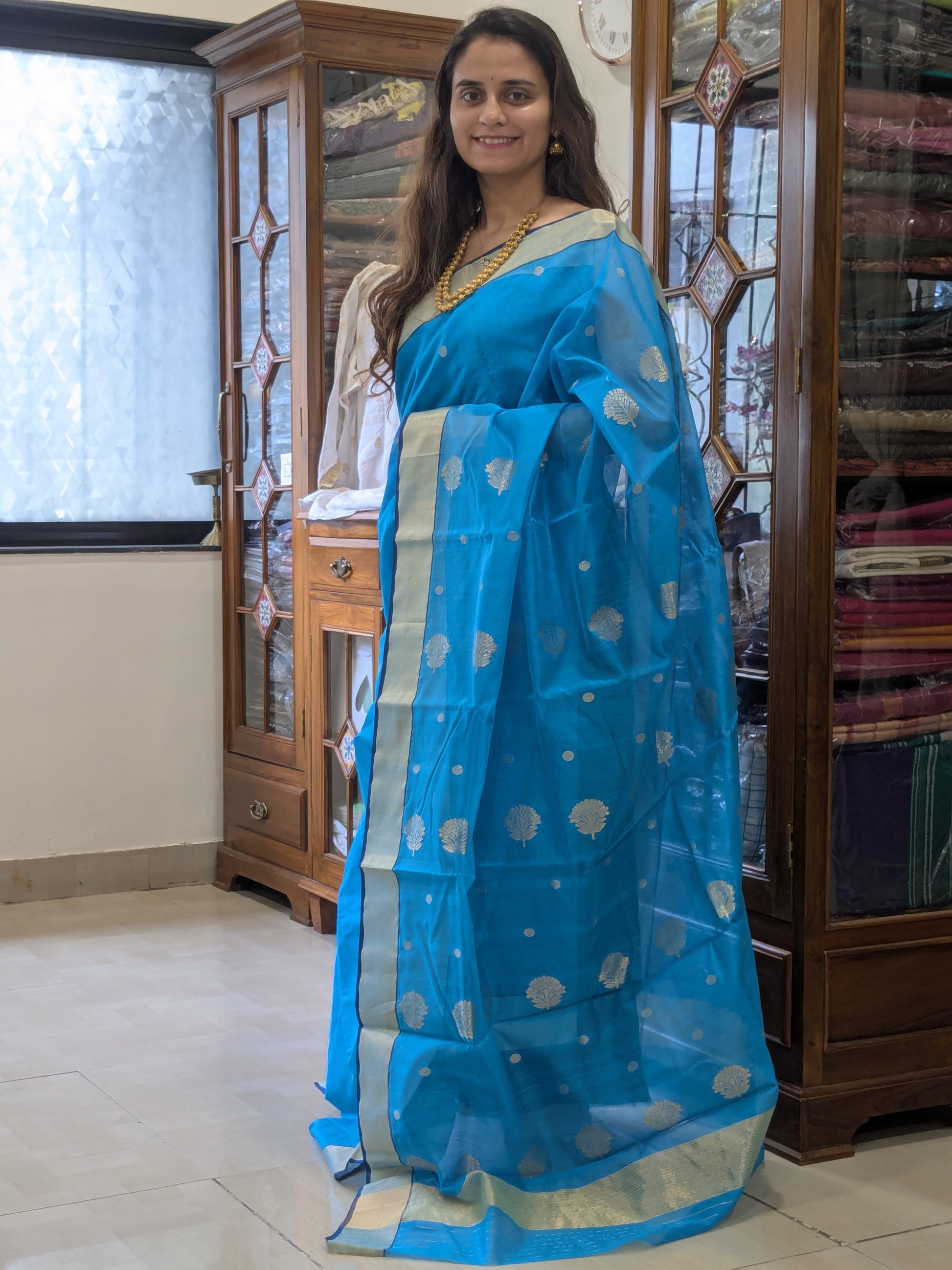 Chintamani Blue Chanderi Cotton Silk Saree