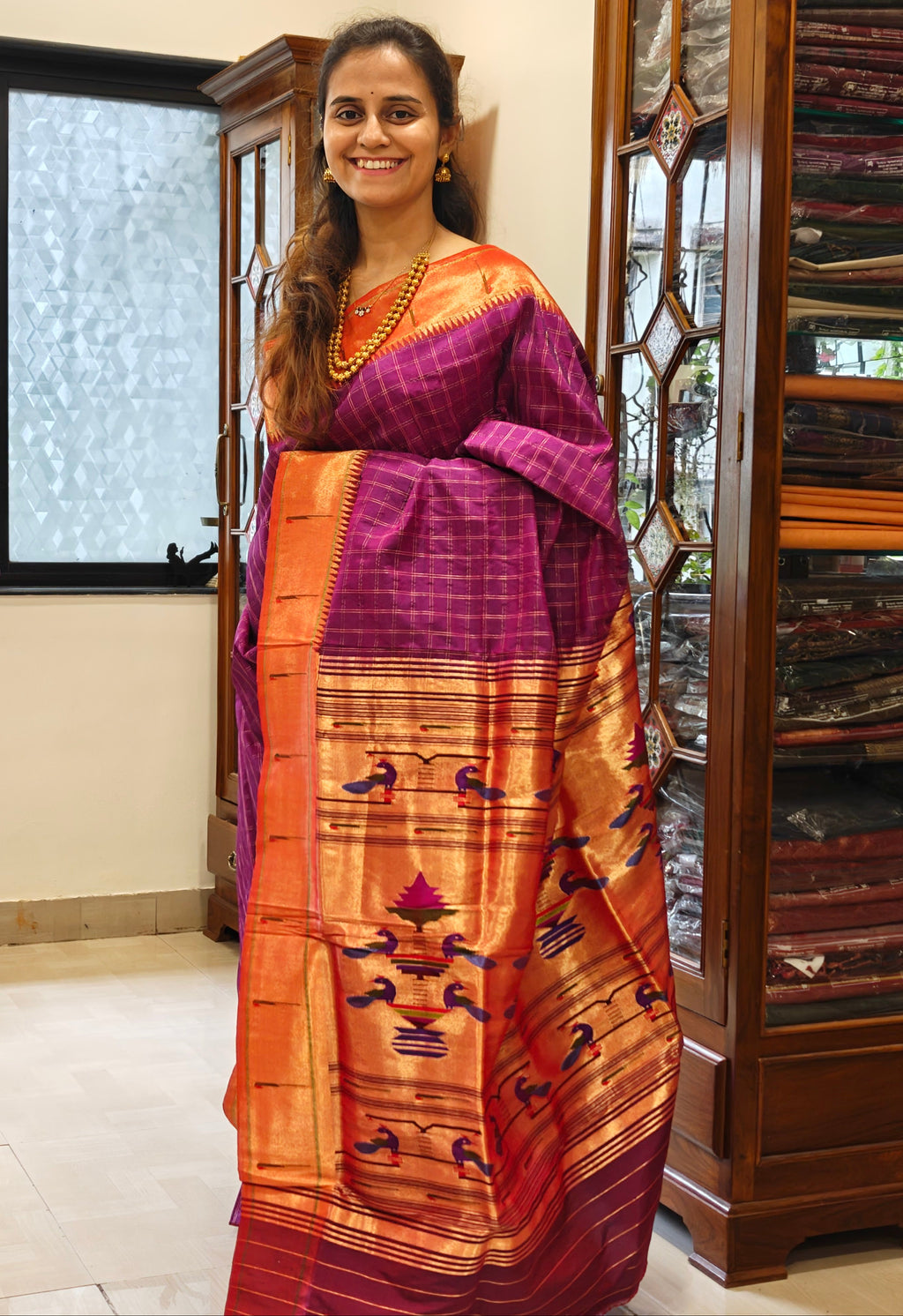 Magenta Muniya Paithani with Checks