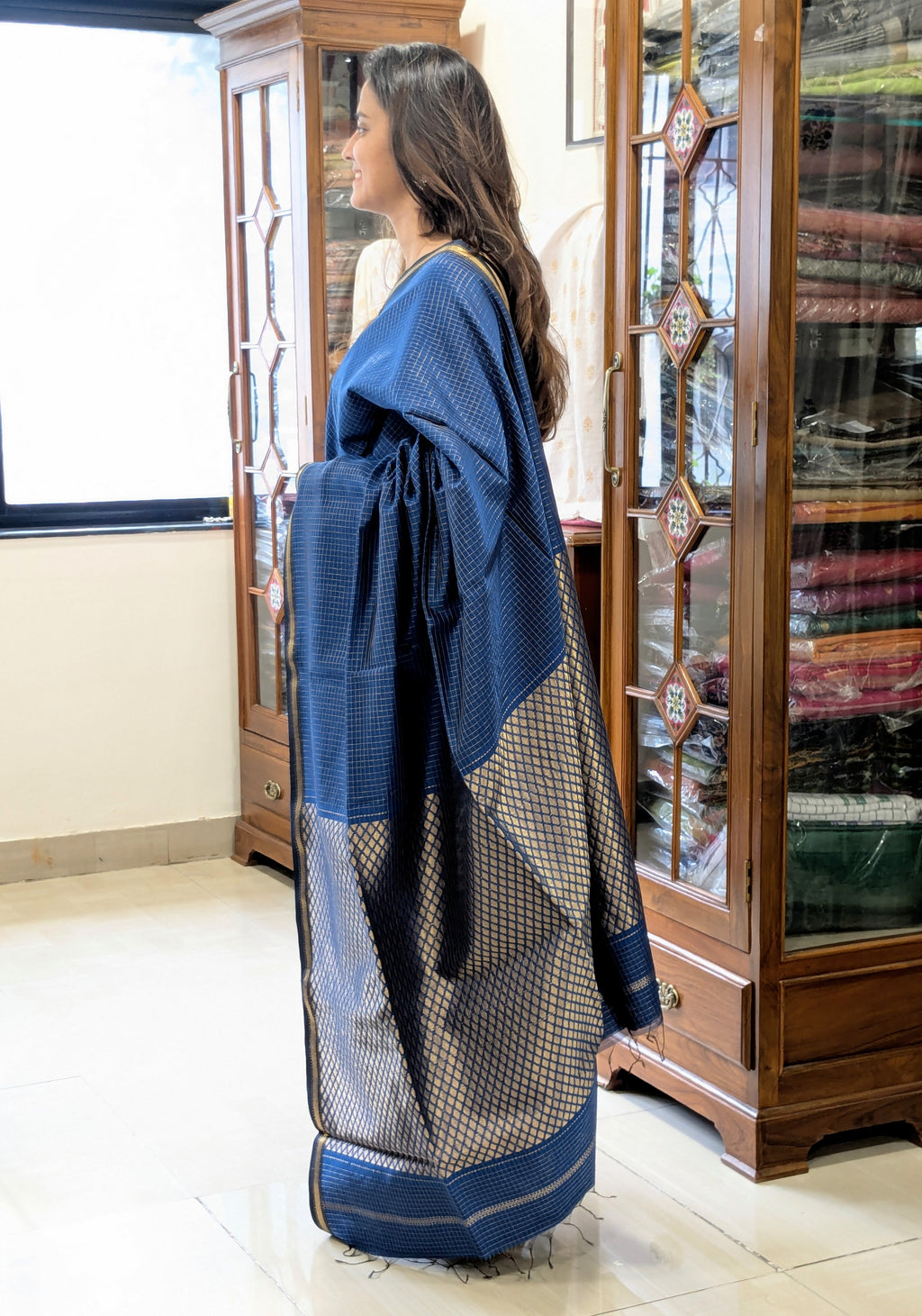 Maheshwari Zari Checks Blue Saree with Heavy Pallu