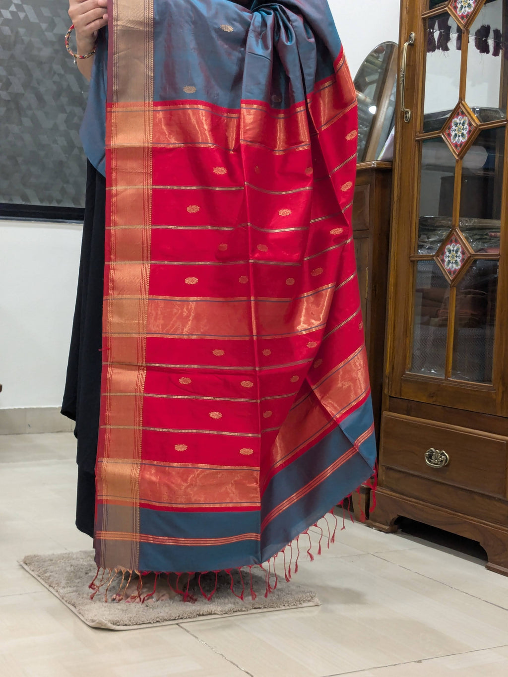 Maheshwari Blue Pure Silk Saree with Red Pallu