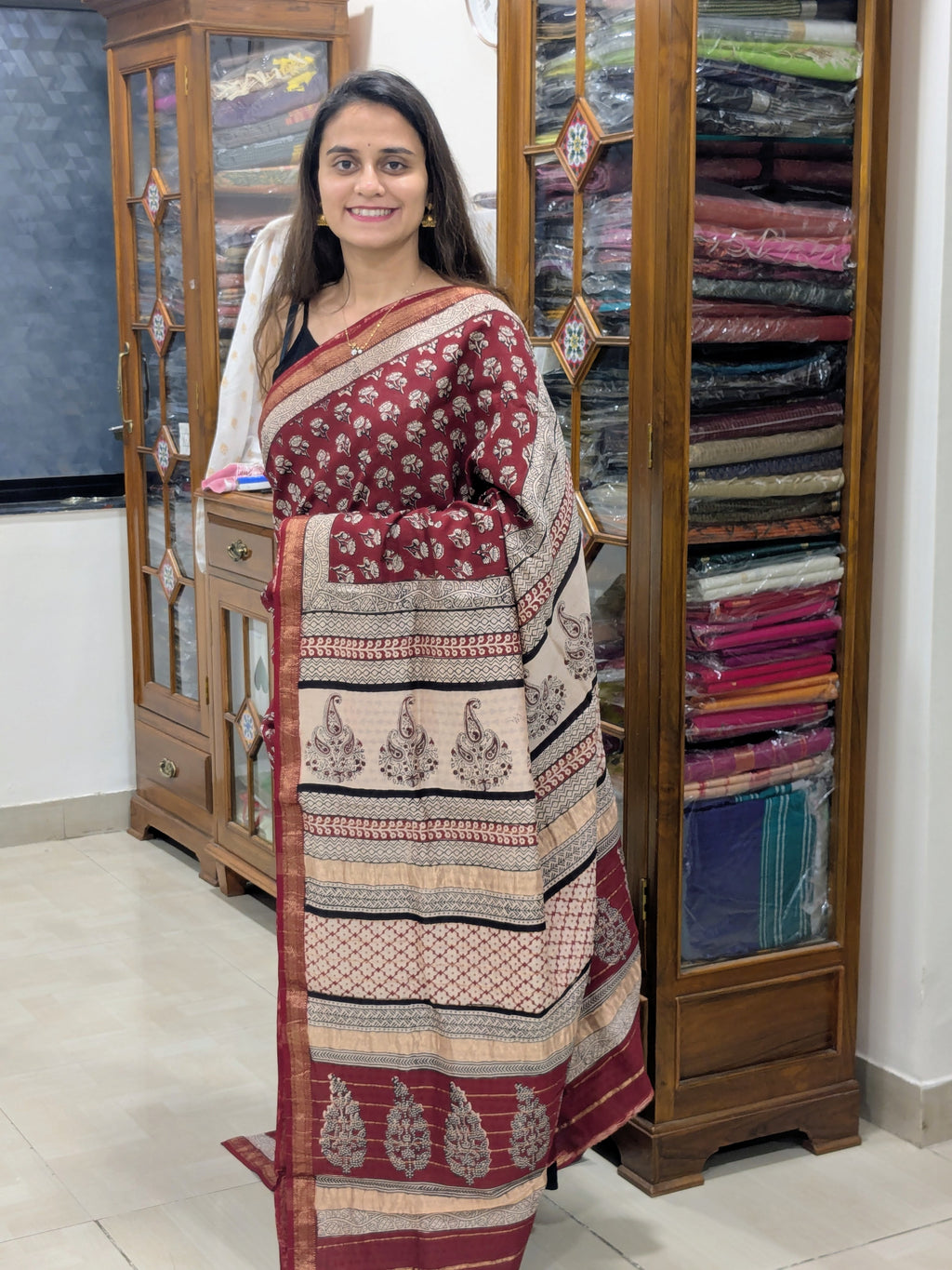 Maheshwari Maroon Handloom Bagh Handblock Print Saree