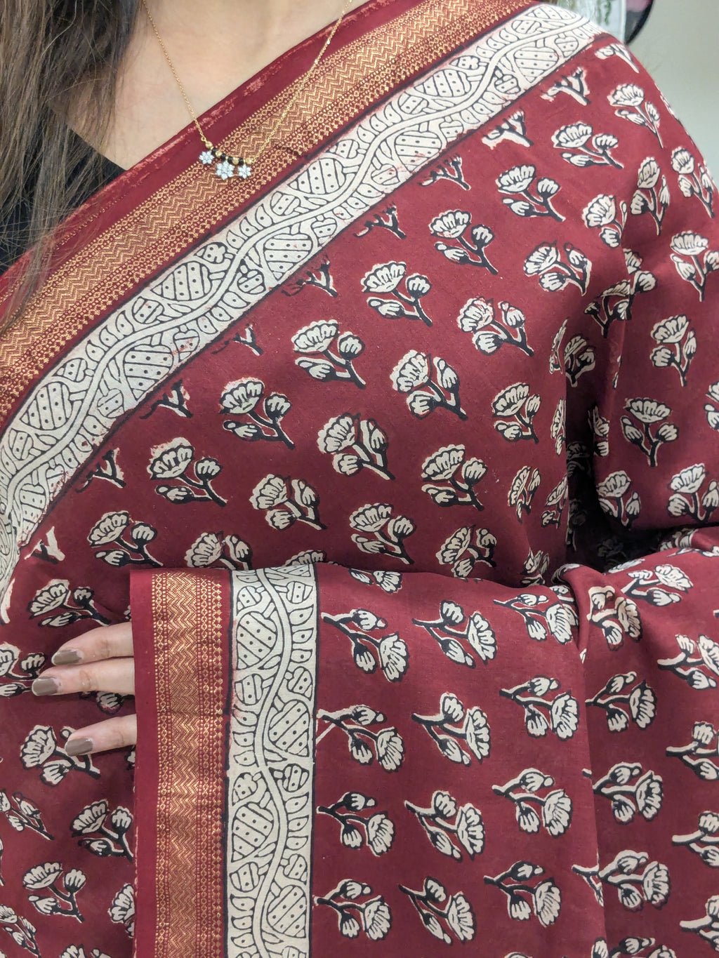 Maheshwari Maroon Handloom Bagh Handblock Print Saree