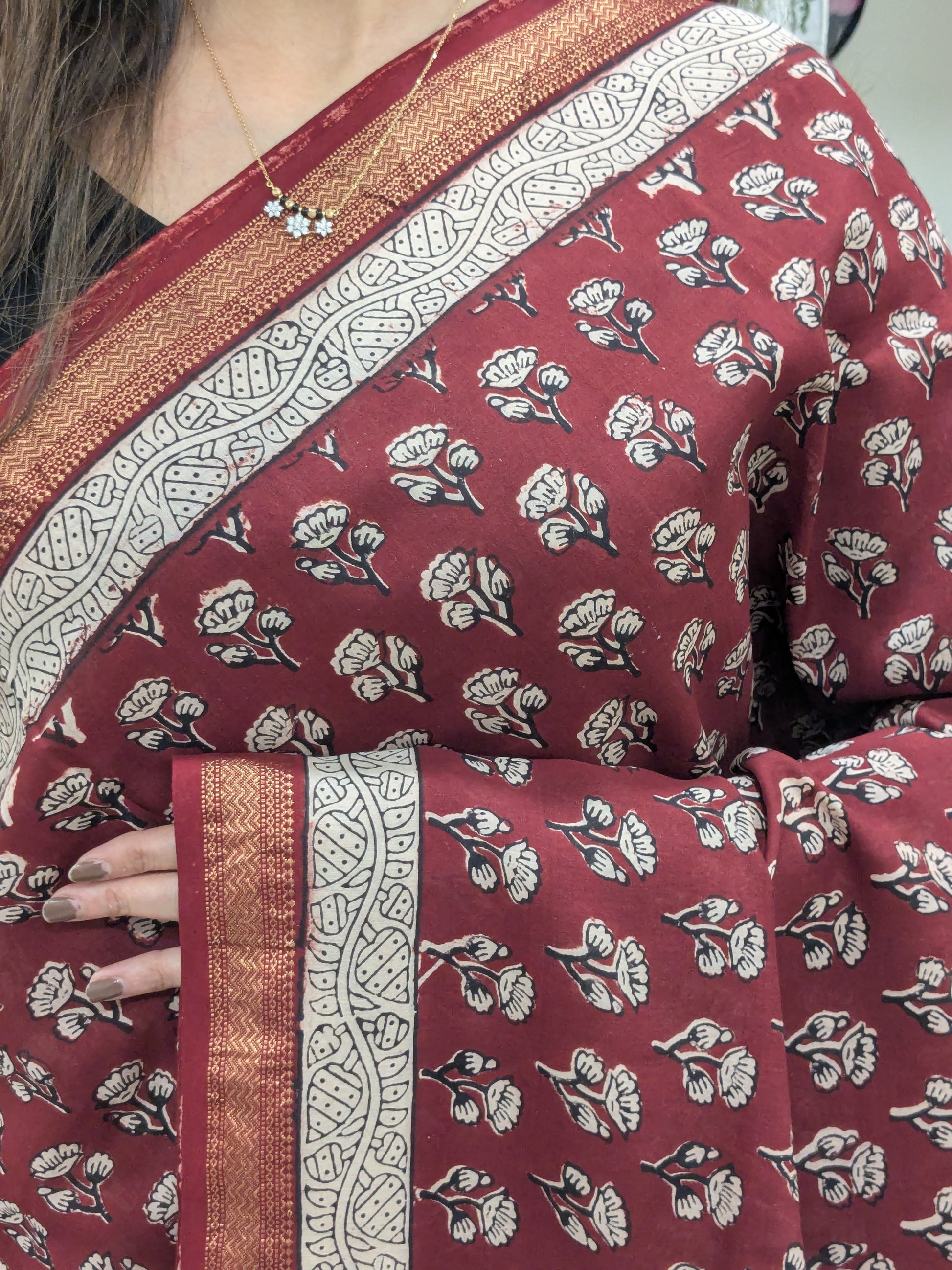 Maheshwari Maroon Handloom Bagh Handblock Print Saree