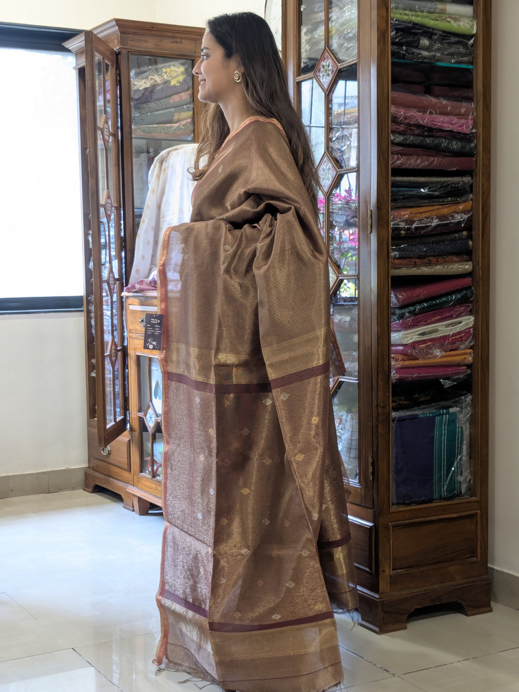 Maheshwari Maroon Silk Tissue Saree