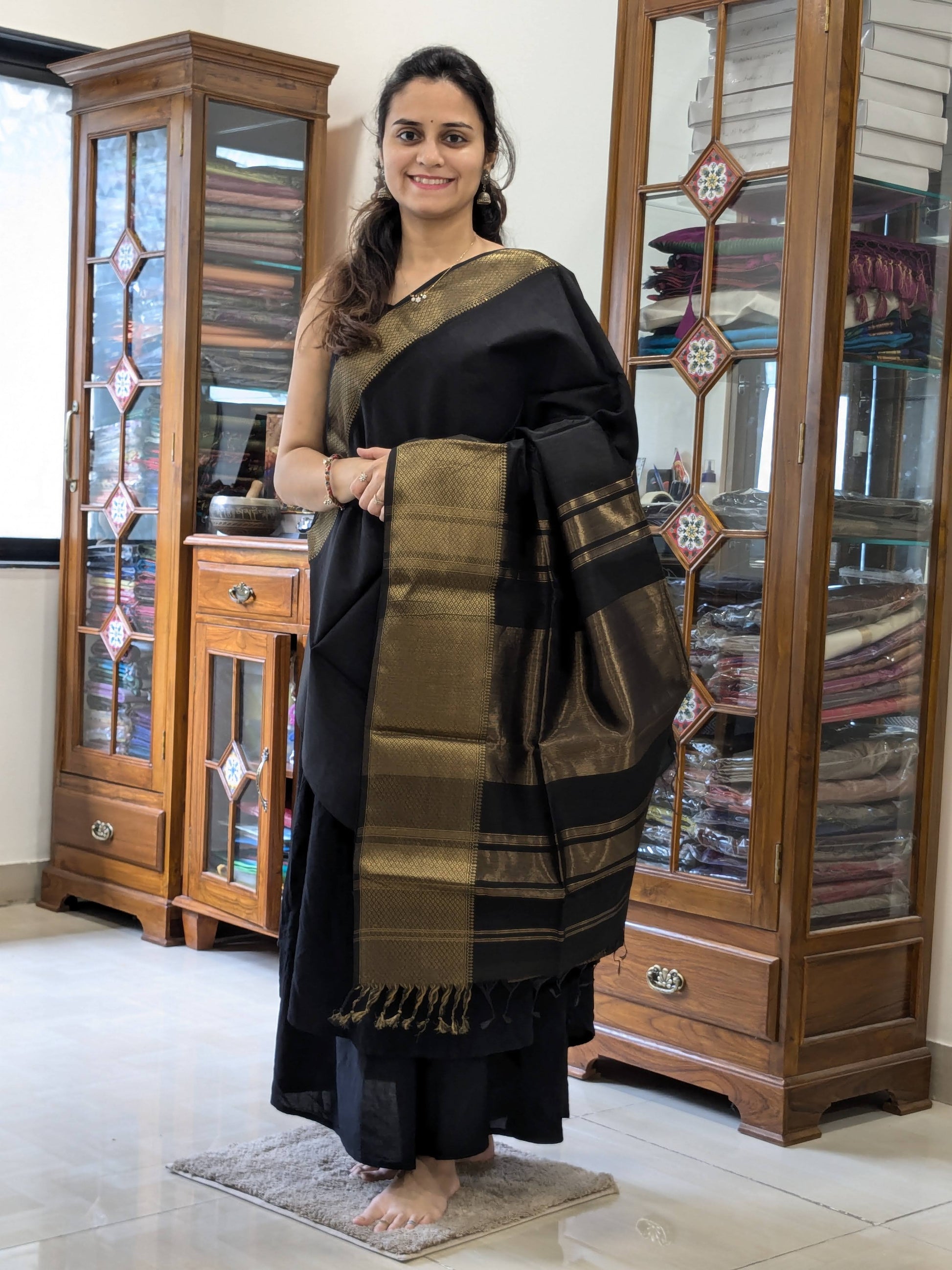 Maheshwari Plain Black Saree with Golden Border