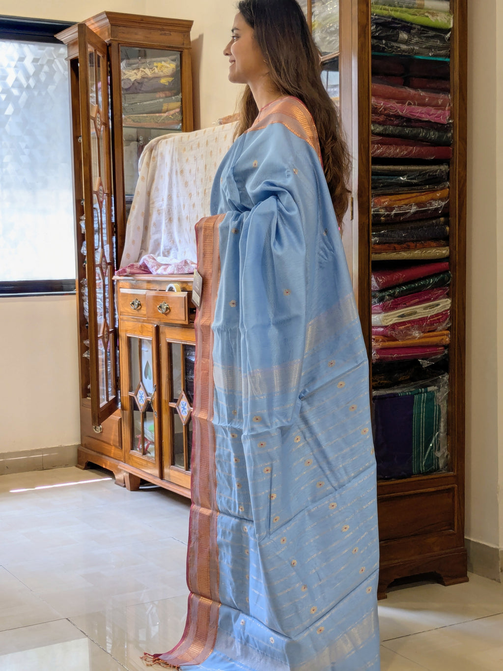 Maheshwari Silk Cotton Blue Meena Butti Saree
