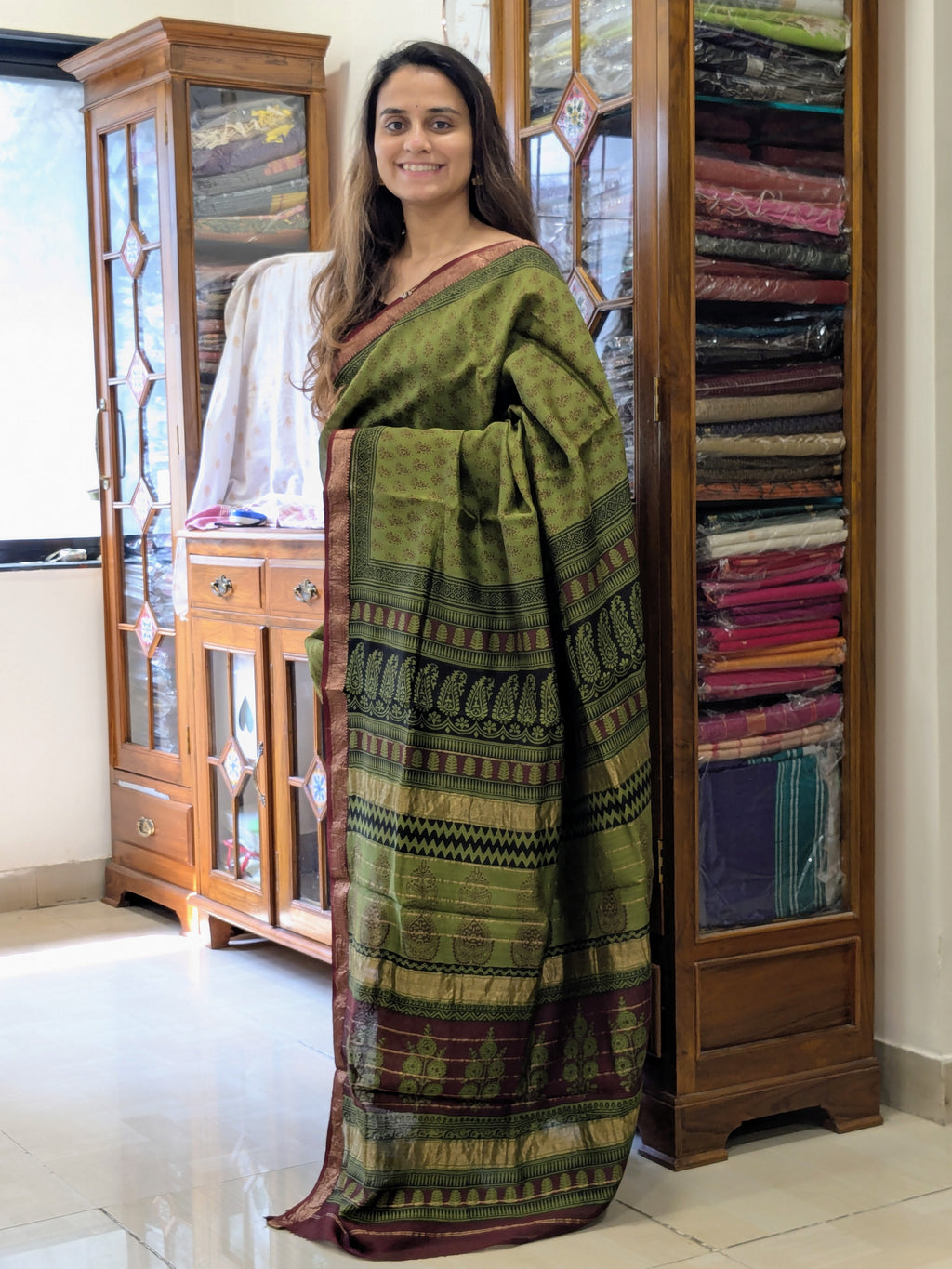 Maheshwari Mehendi Green Handloom Bagh Handblock Print Saree