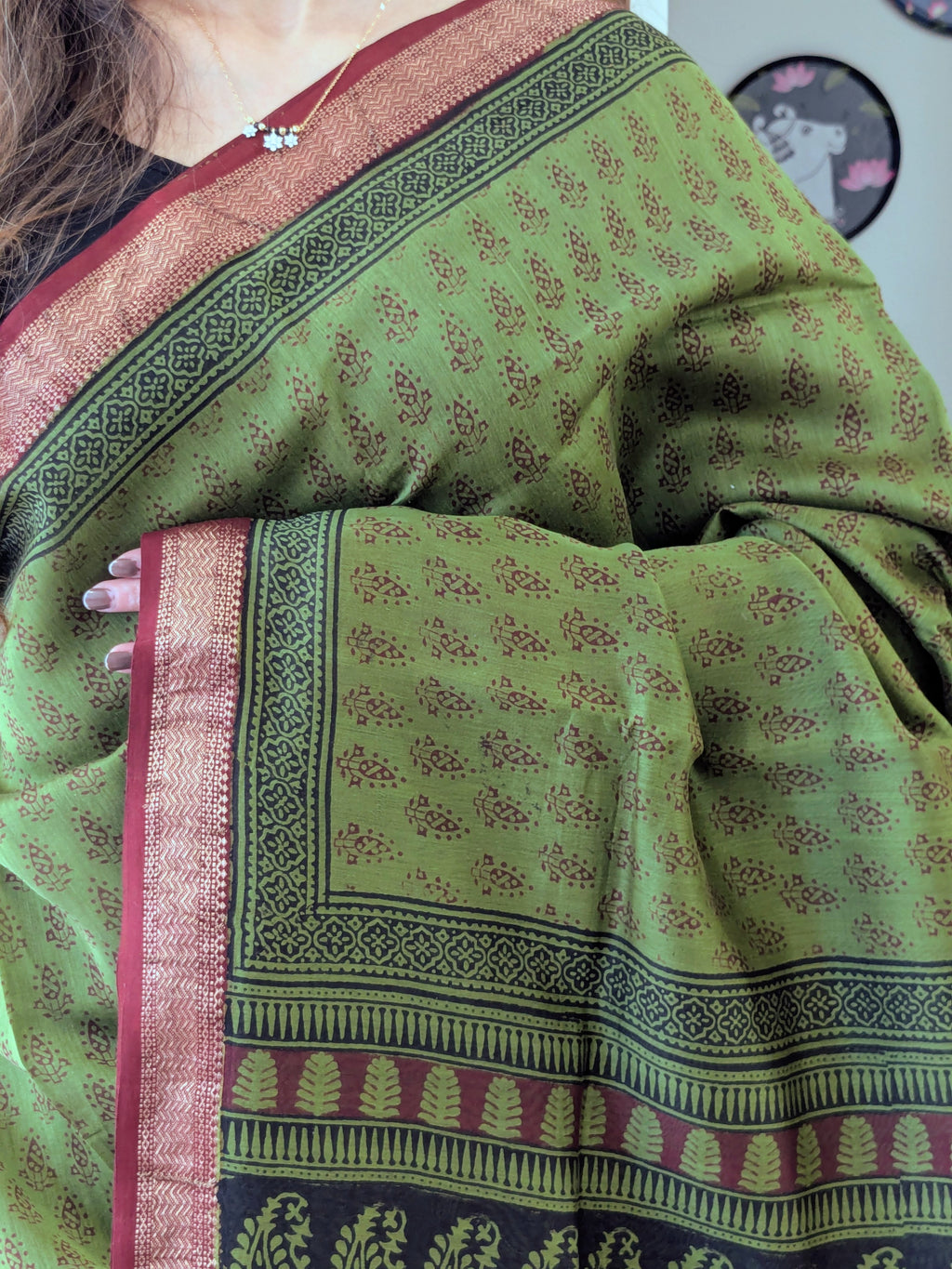 Maheshwari Mehendi Green Handloom Bagh Handblock Print Saree