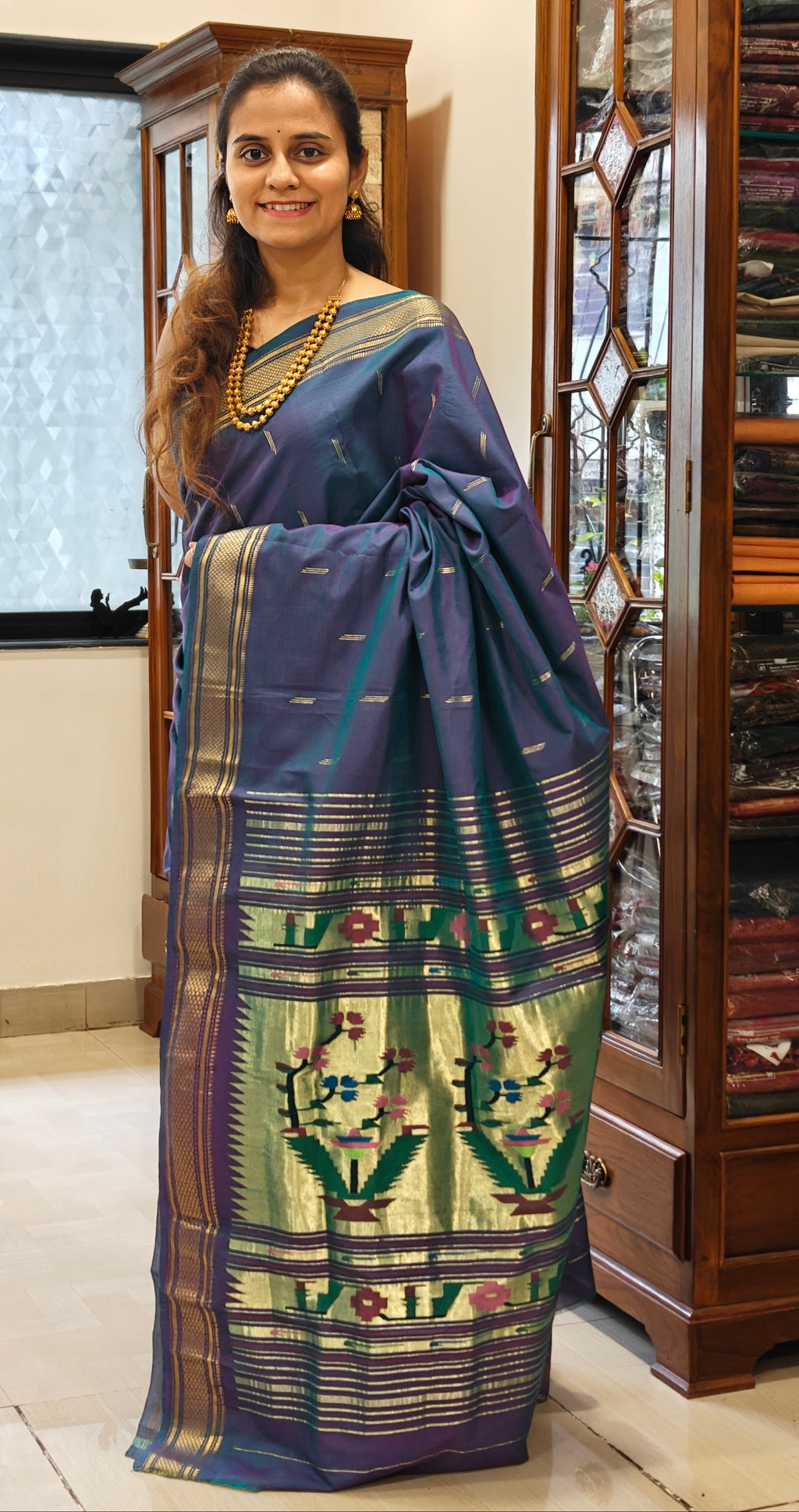 Pure Cotton Bluish Purple Asawali Paithani Saree