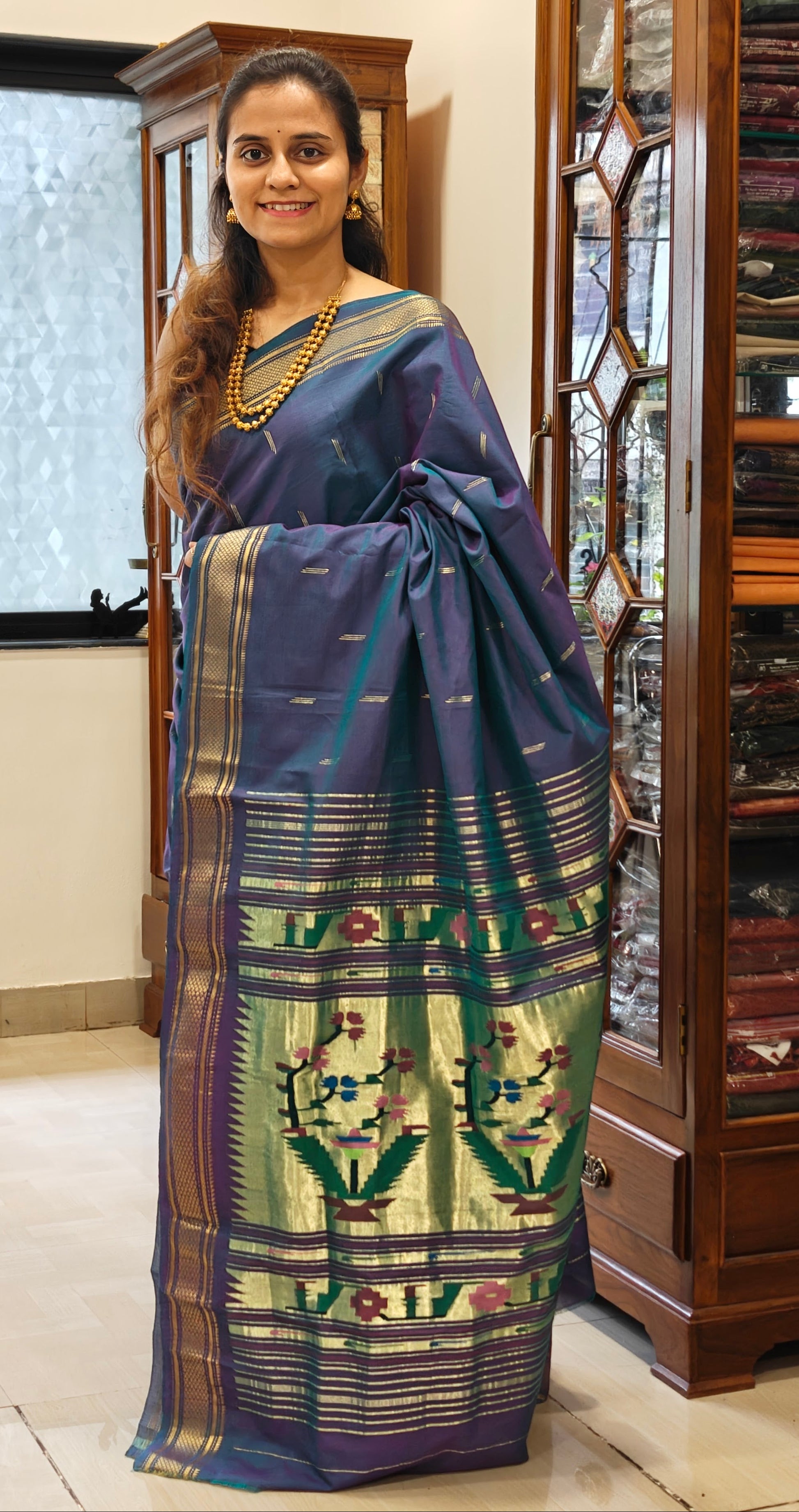 Pure Cotton Bluish Purple Asawali Paithani Saree