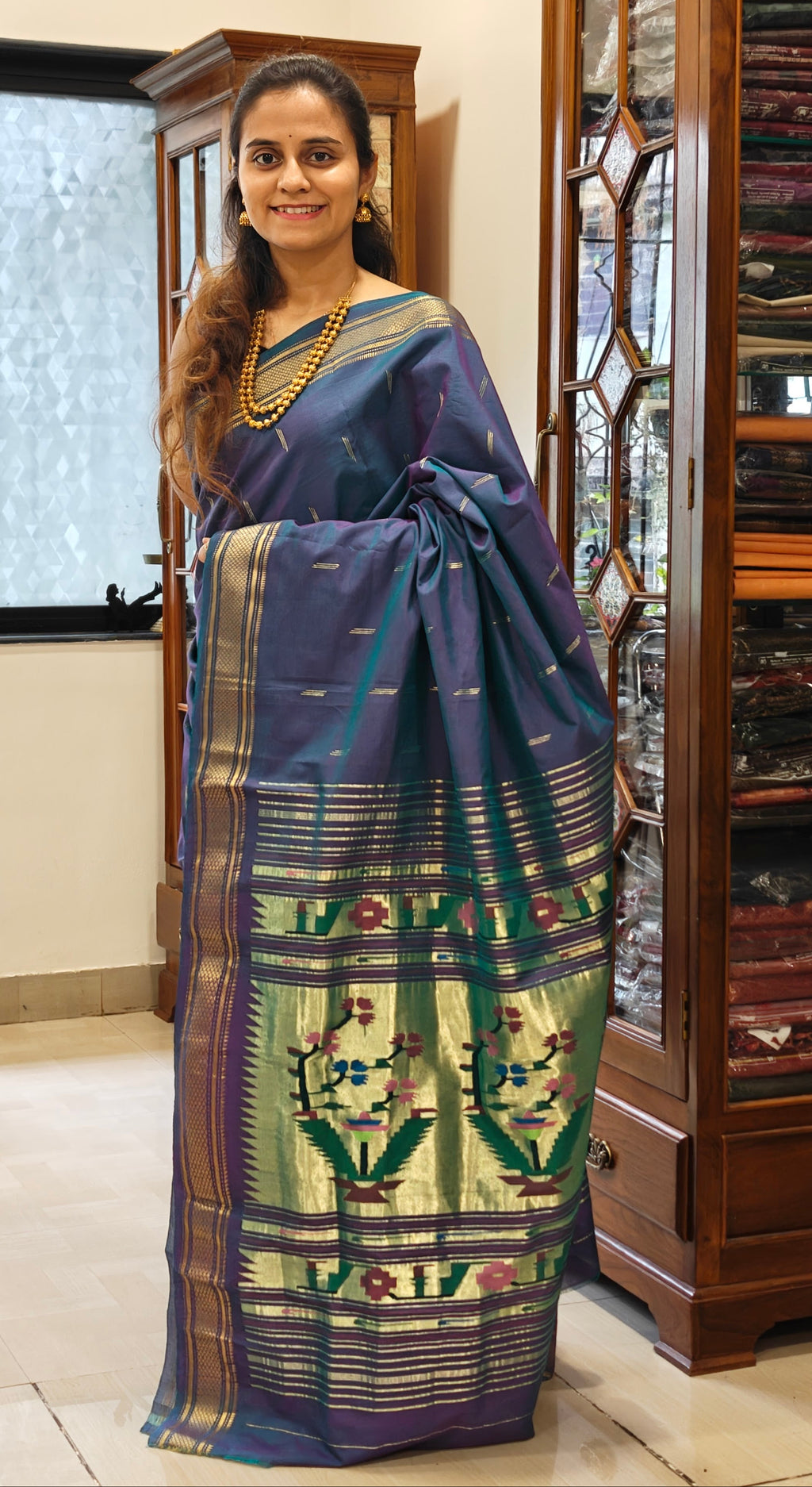 Pure Cotton Greenish Purple Asawali Paithani Saree