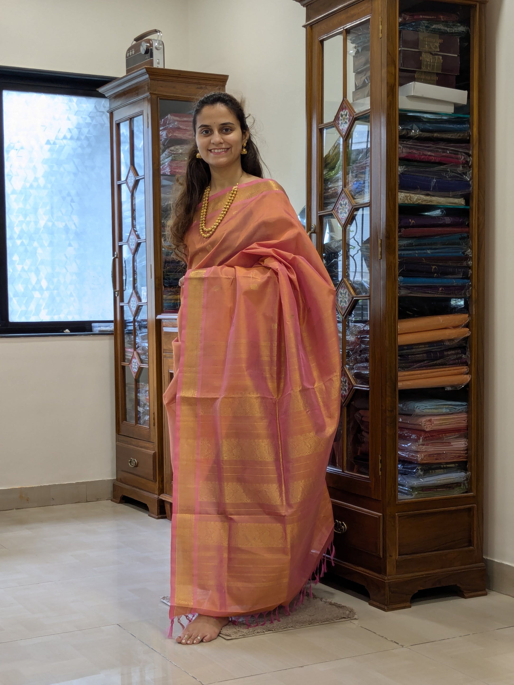 Silk Cotton Peach Kanjivaram Saree