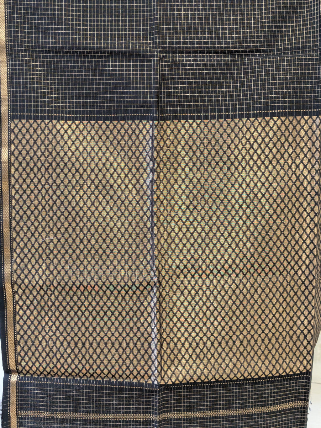 Maheshwari Handloom Black Gold Saree with Checks