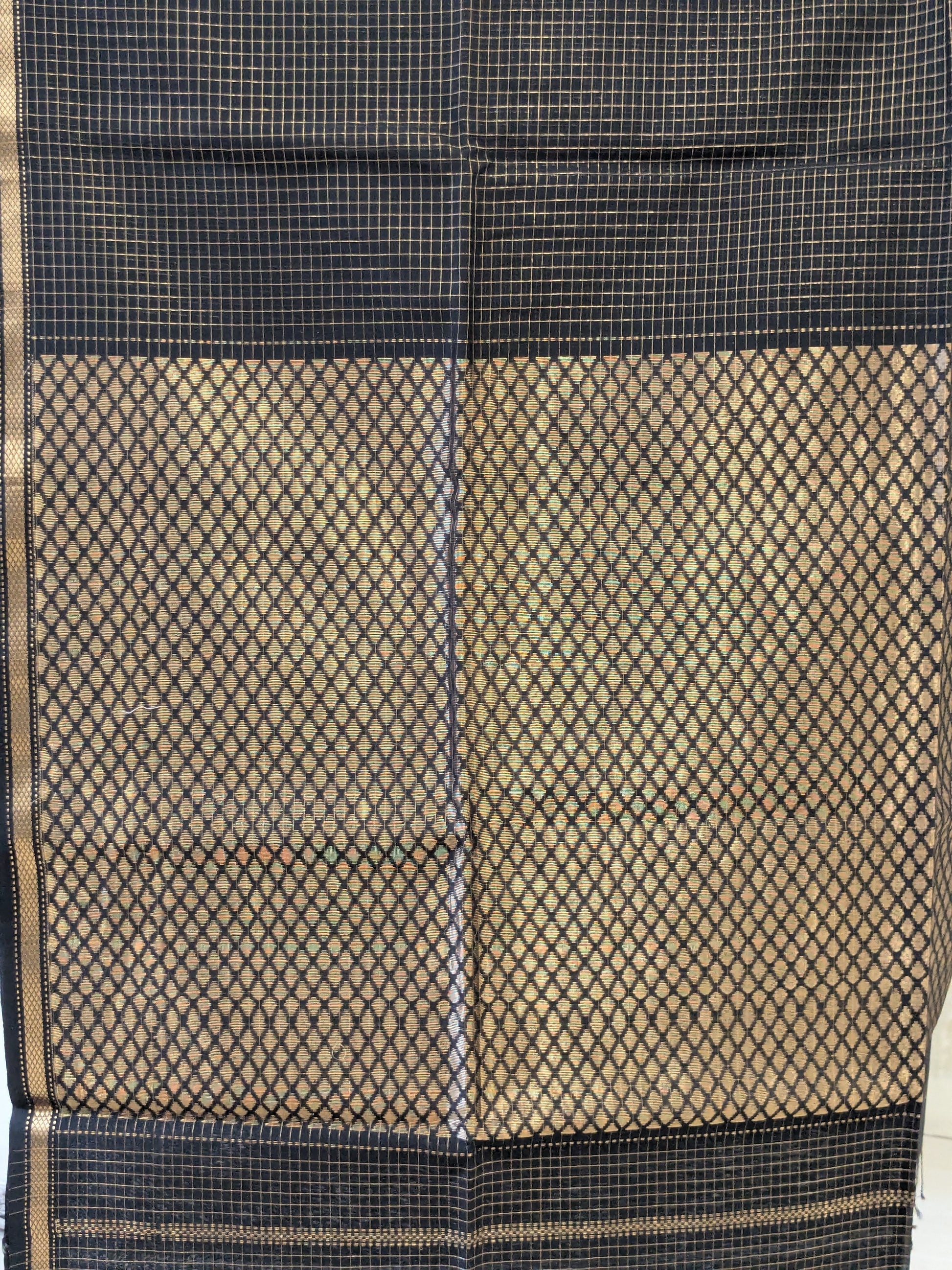 Maheshwari Handloom Black Gold Saree with Checks