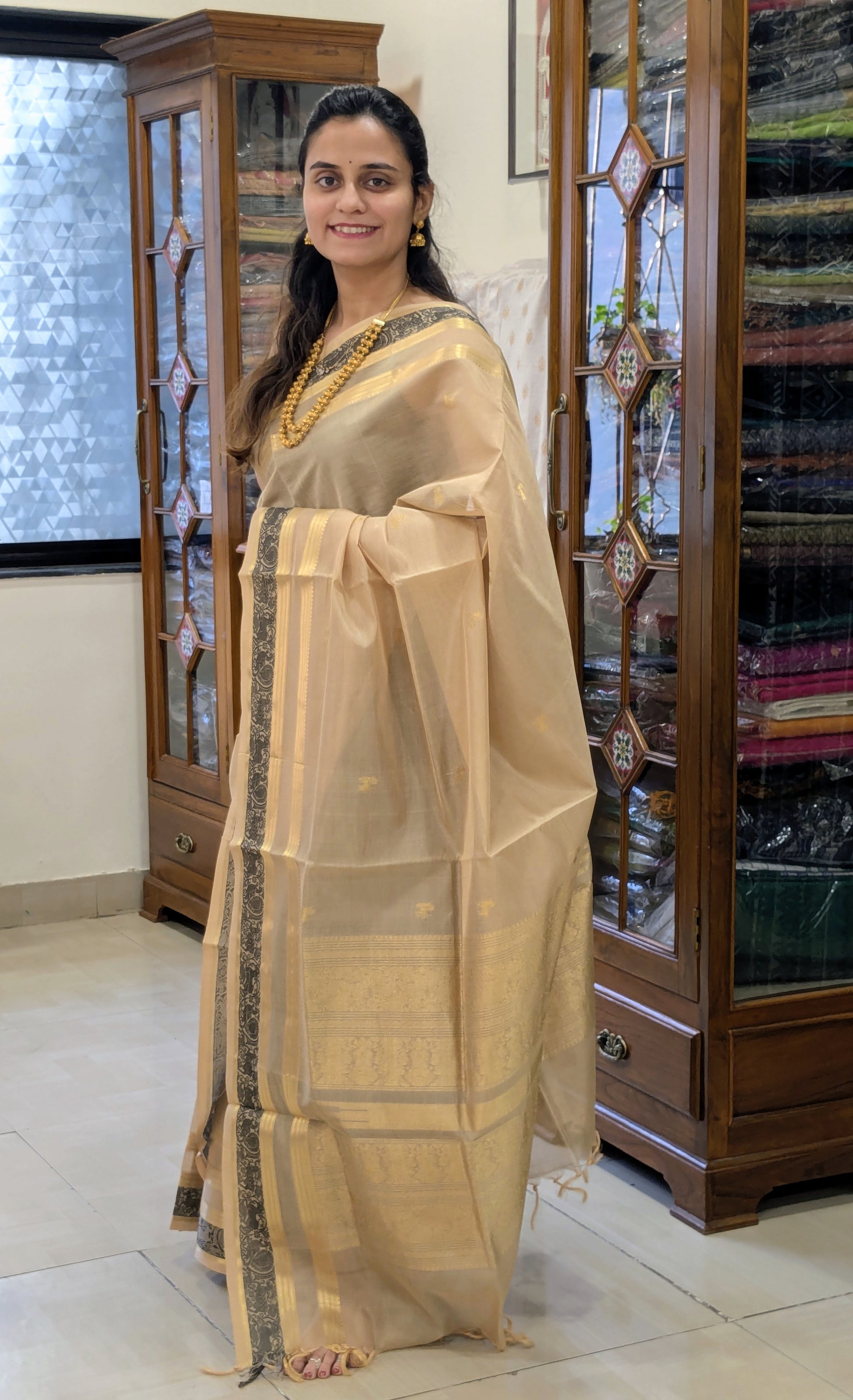 Beige Silk Cotton Traditional Kanjivaram Saree