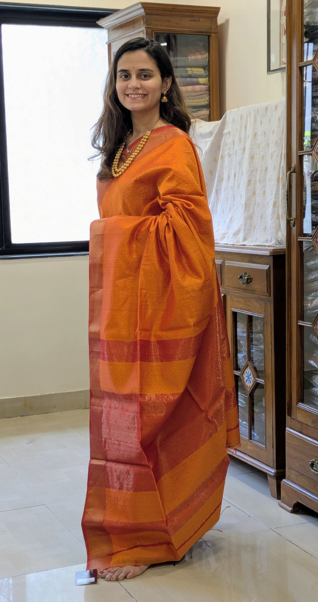 Handloom Orange Maheshwari Zari Checks Saree