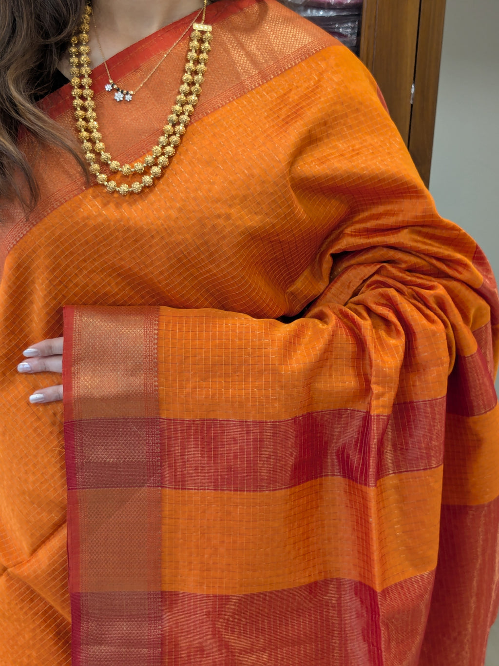 Handloom Orange Maheshwari Zari Checks Saree