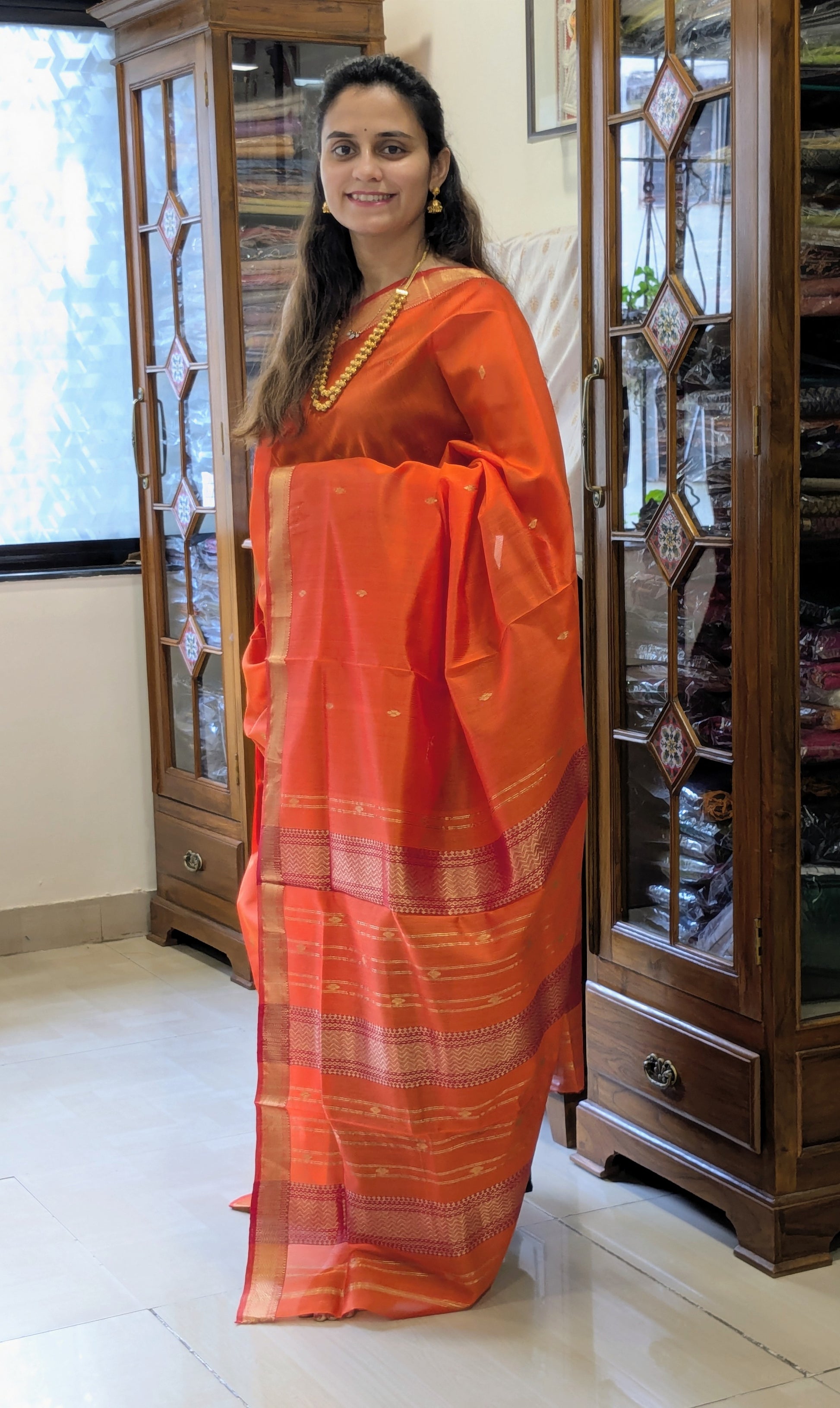 Garbh Reshmi with Butti Orange Maheshwari Handloom Saree