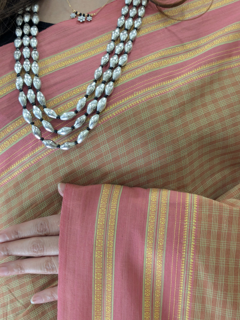 Ilkal Handloom Light Orange Saree with Checks