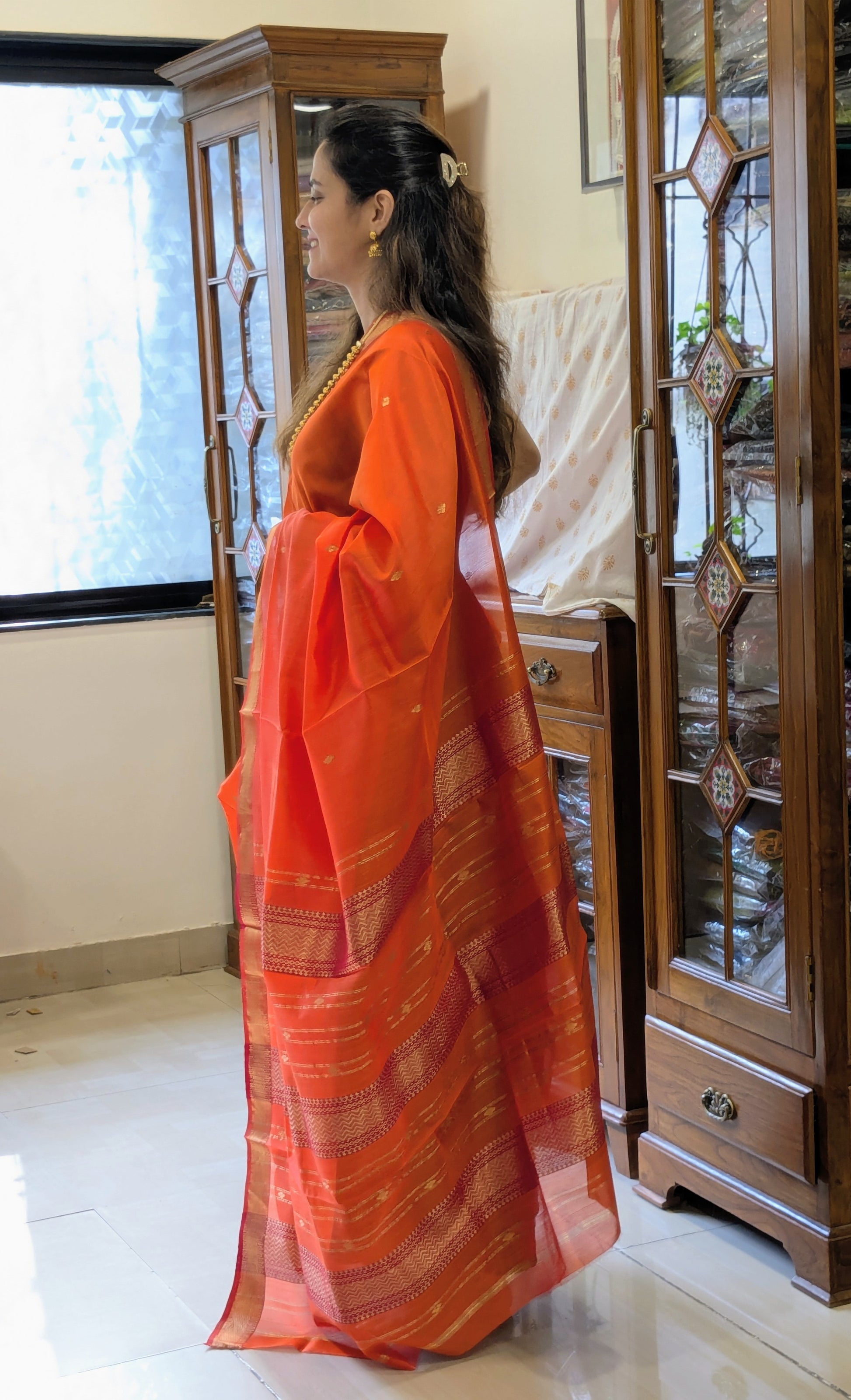 Garbh Reshmi with Butti Orange Maheshwari Handloom Saree