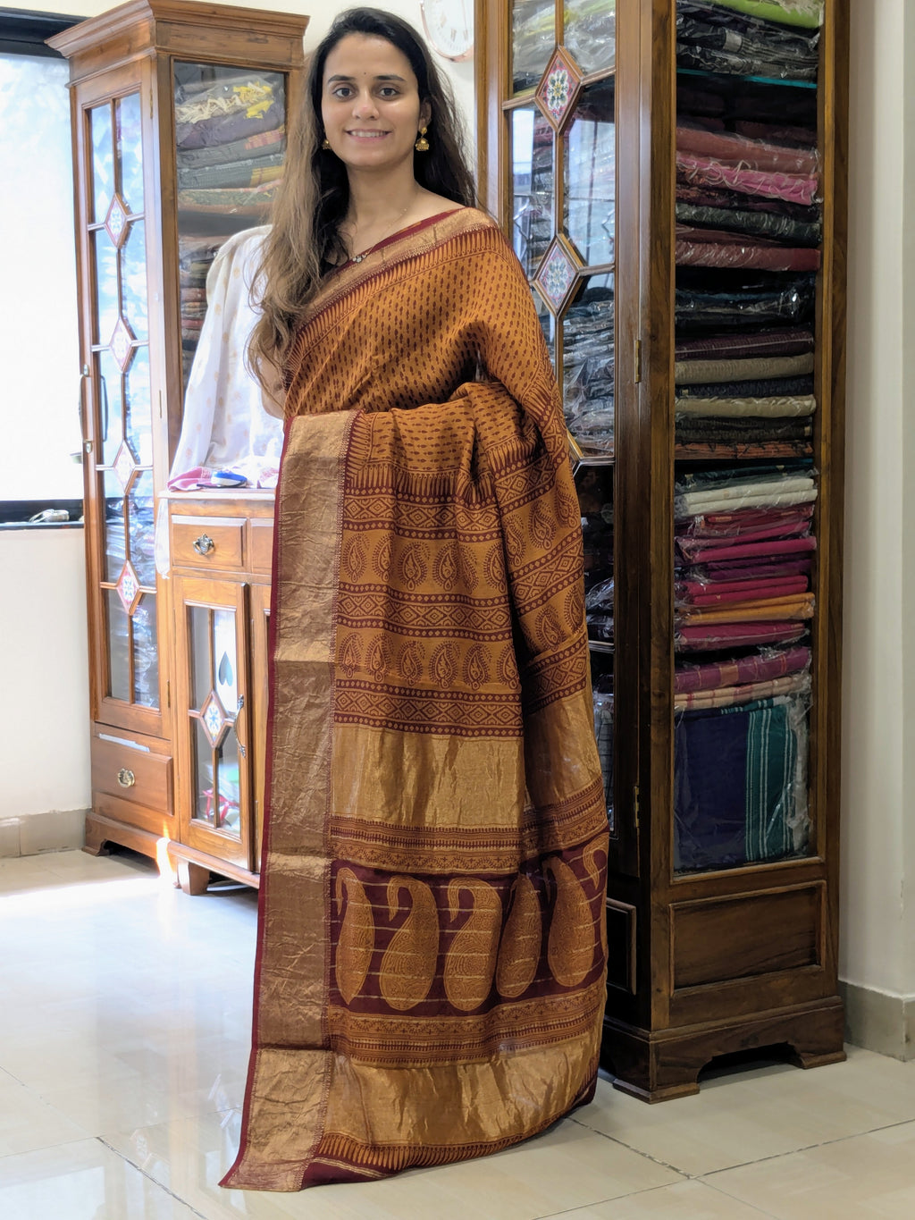 Maheshwari Rust Orange Handloom Bagh Handblock Print Saree