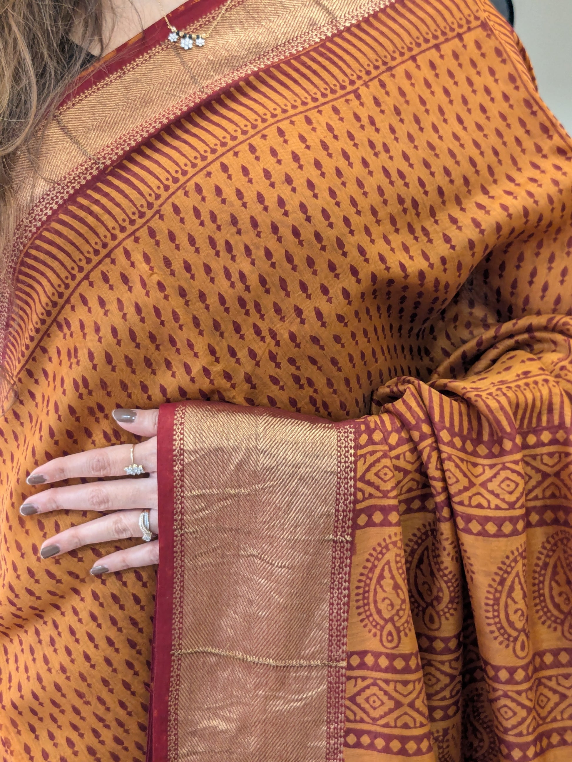 Maheshwari Rust Orange Handloom Bagh Handblock Print Saree