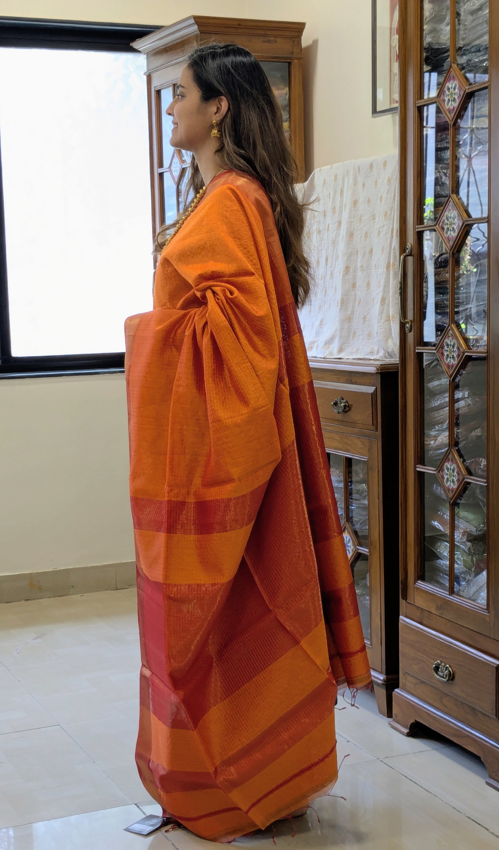 Handloom Orange Maheshwari Zari Checks Saree