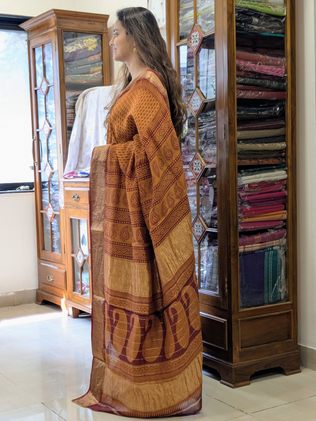 Maheshwari Rust Orange Handloom Bagh Handblock Print Saree