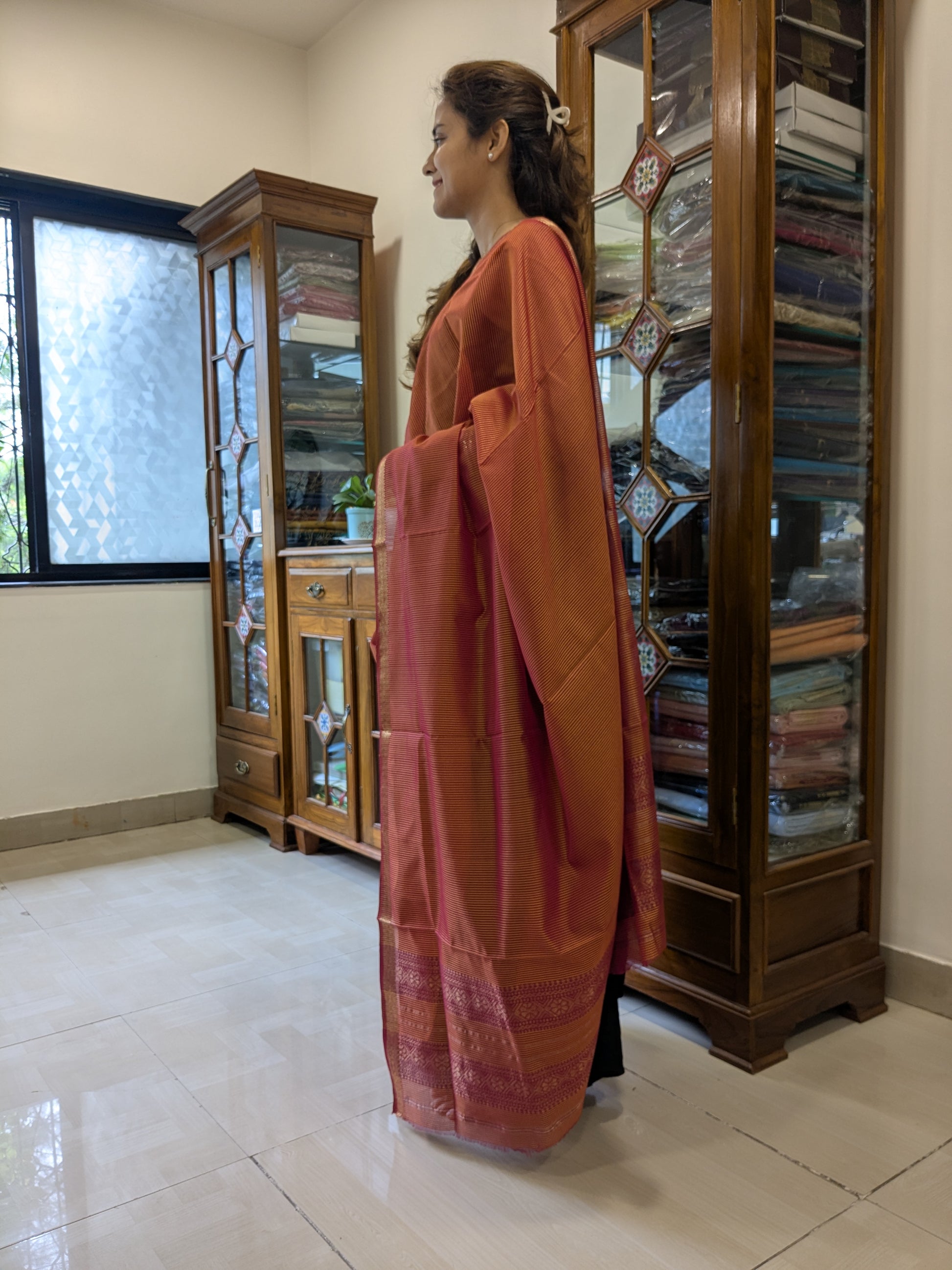 Side drape view showing fluid handloom texture and subtle sheen of mulberry silk blend.
