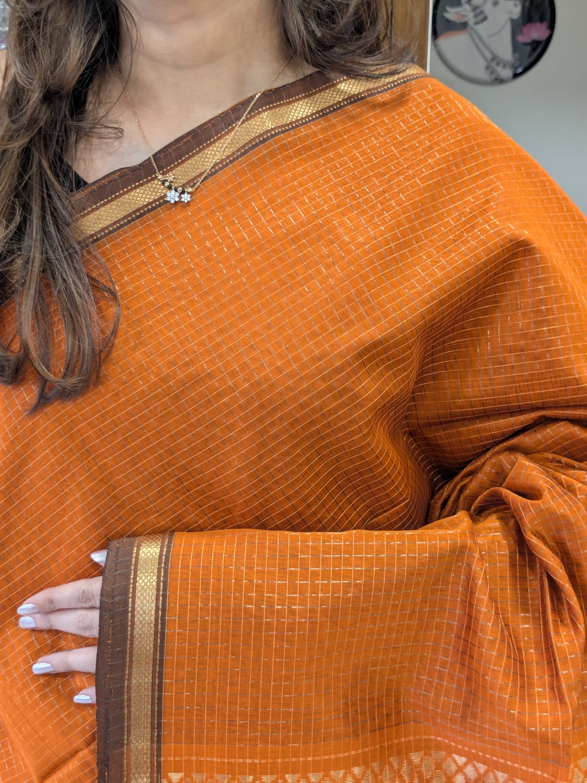 Maheshwari Zari Checks Orange Saree with Heavy Pallu
