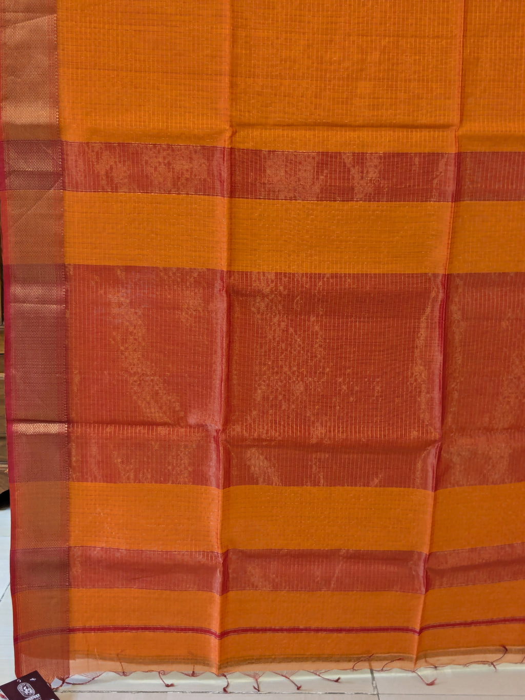 Handloom Orange Maheshwari Zari Checks Saree
