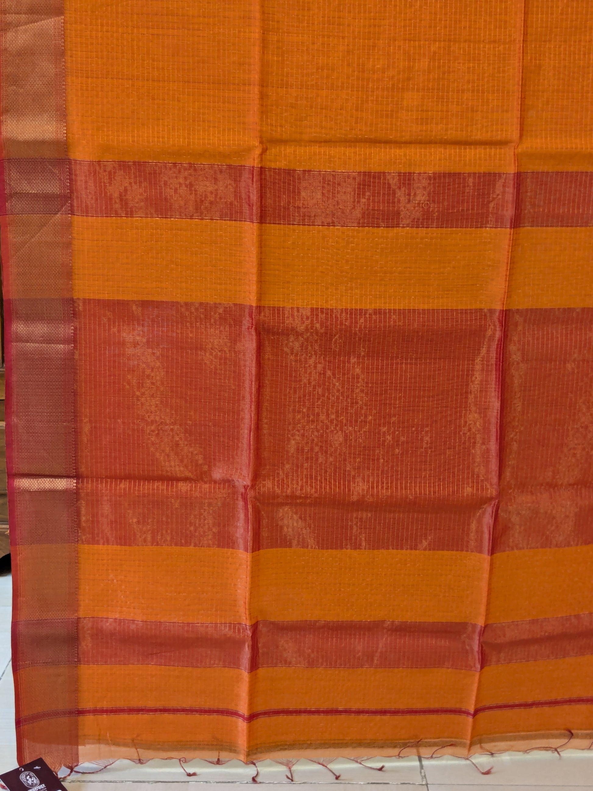Handloom Orange Maheshwari Zari Checks Saree