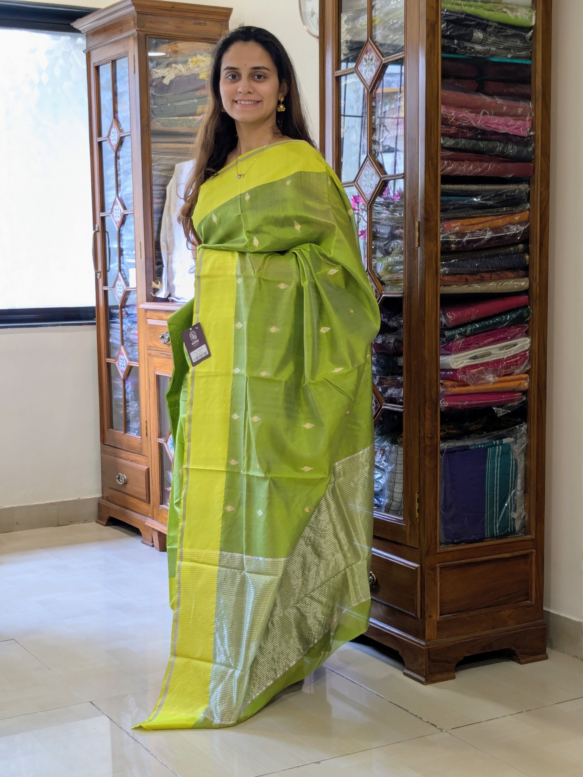 Handloom Parrot Green Chanderi Silk Saree