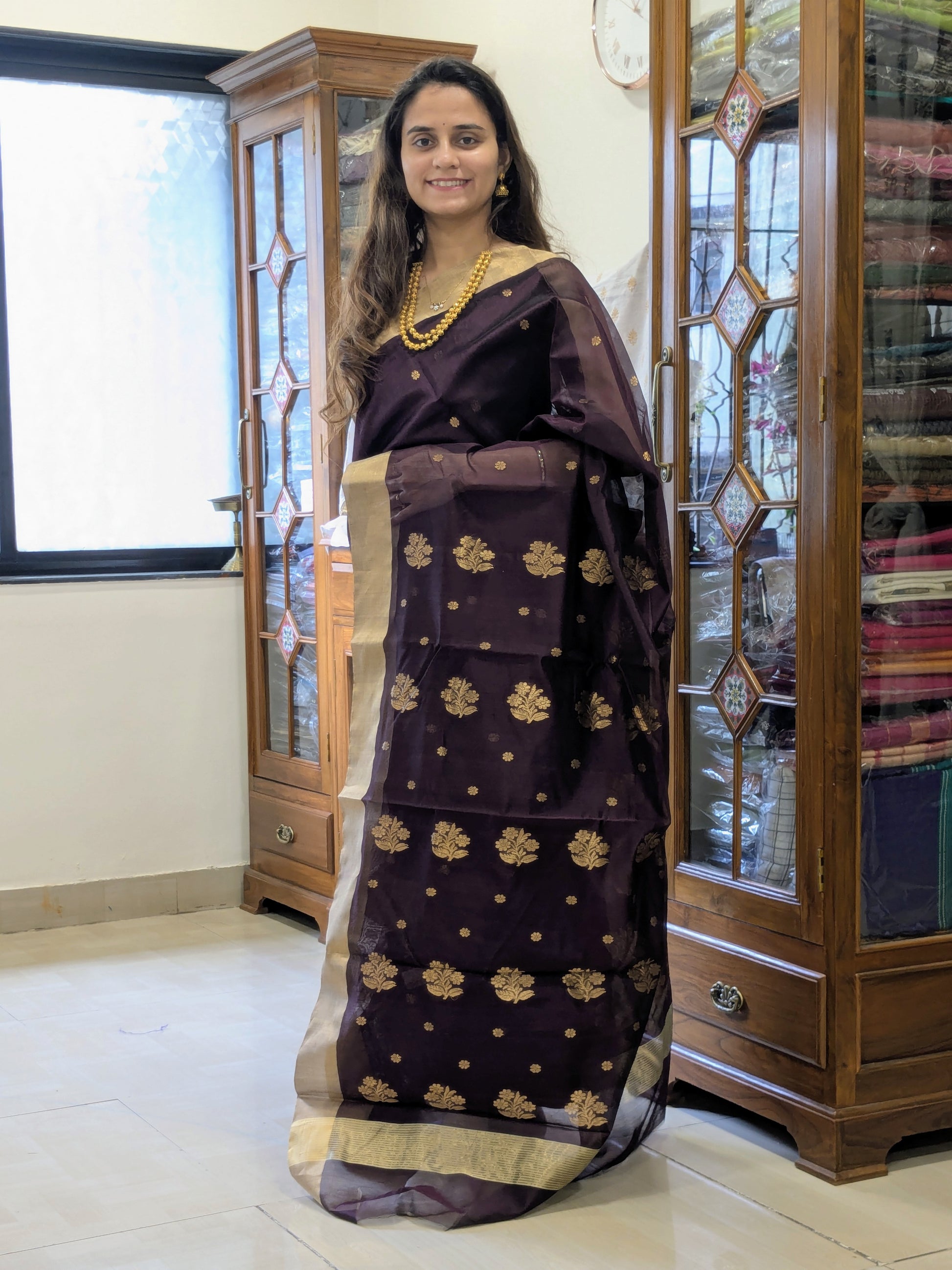 Brown Chanderi Cotton Silk Saree