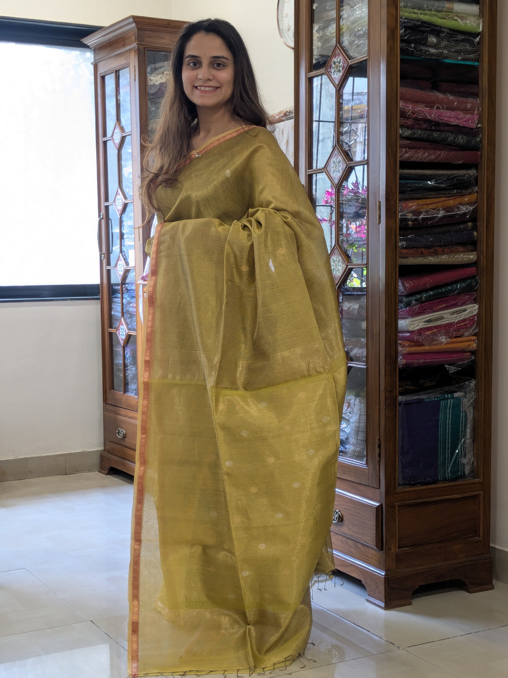 Maheshwari Fluorescent Yellow Silk Tissue Saree