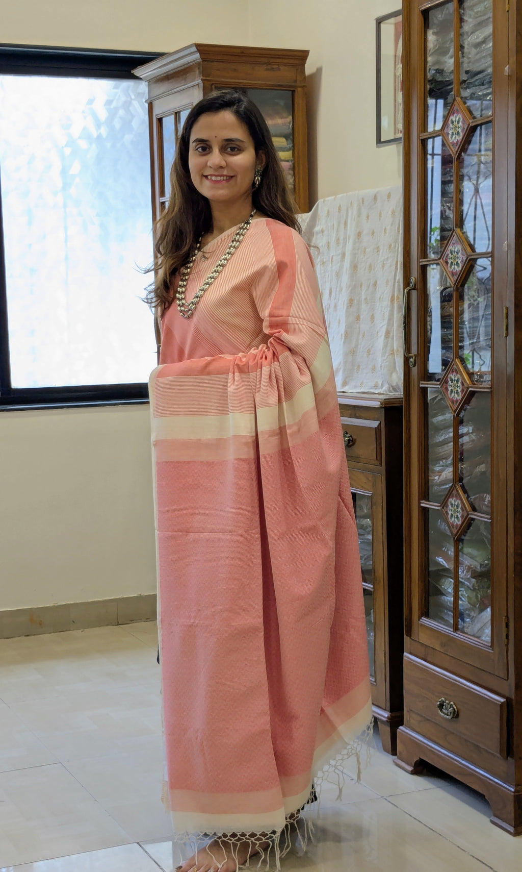 Handloom Peach Jamdani Saree with Stripes