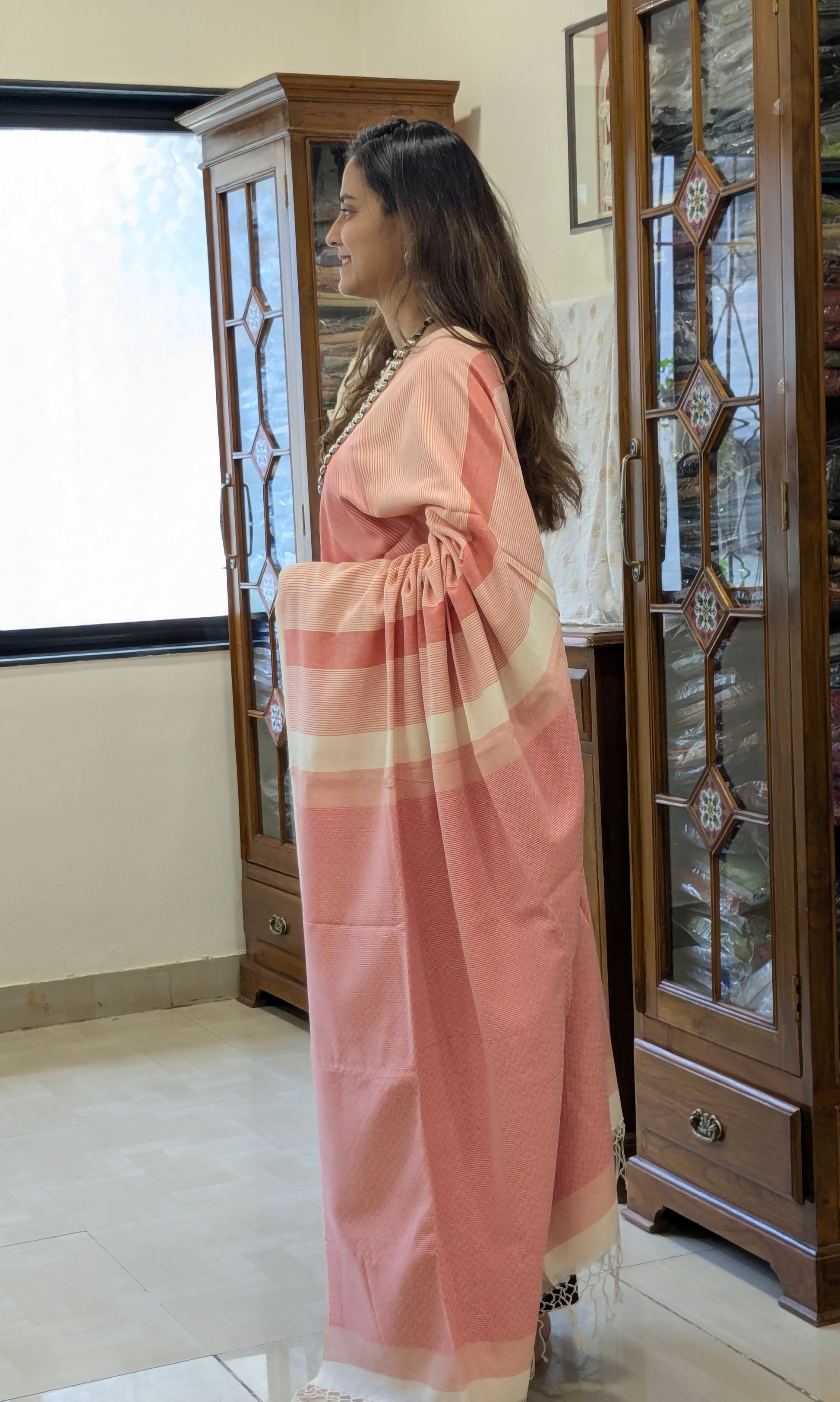 Handloom Peach Jamdani Saree with Stripes