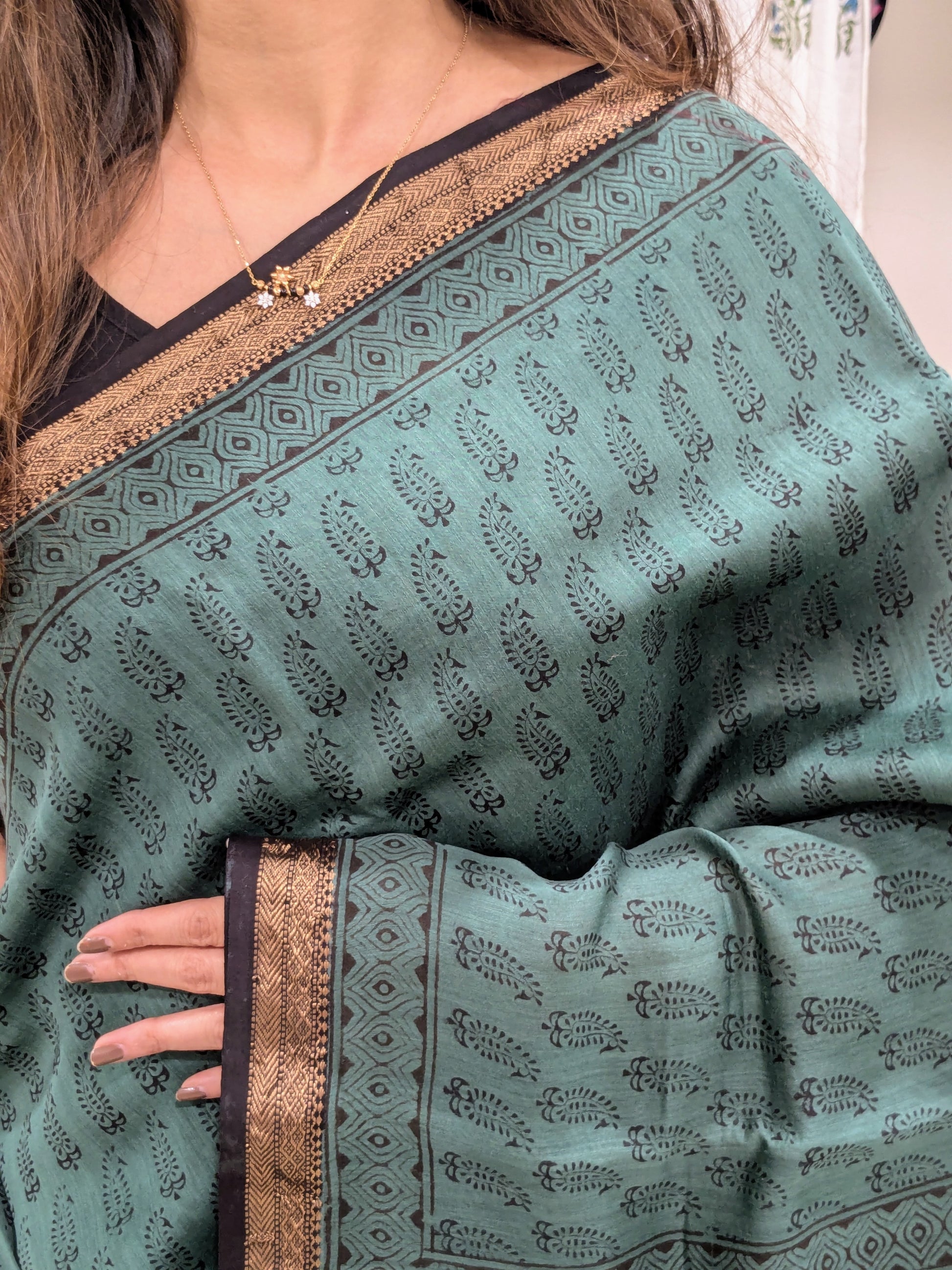 Maheshwari Peacock Green Handloom Bagh Handblock Print Saree