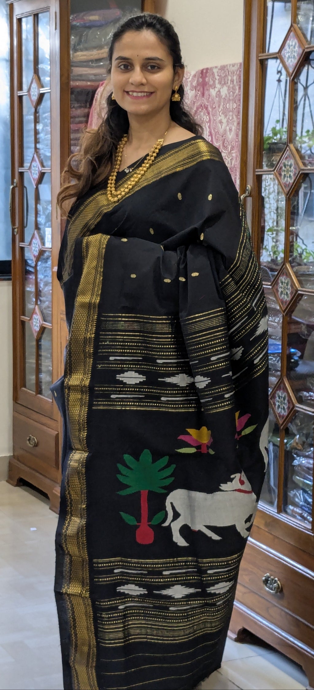 Black Handloom Pure Cotton Pichwai Cow Paithani