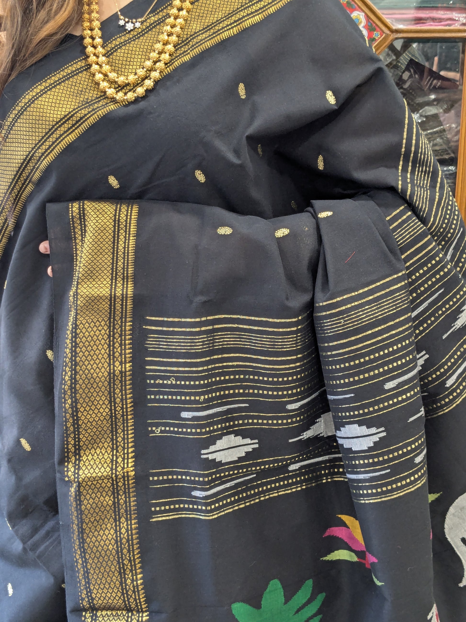 Black Handloom Pure Cotton Pichwai Cow Paithani