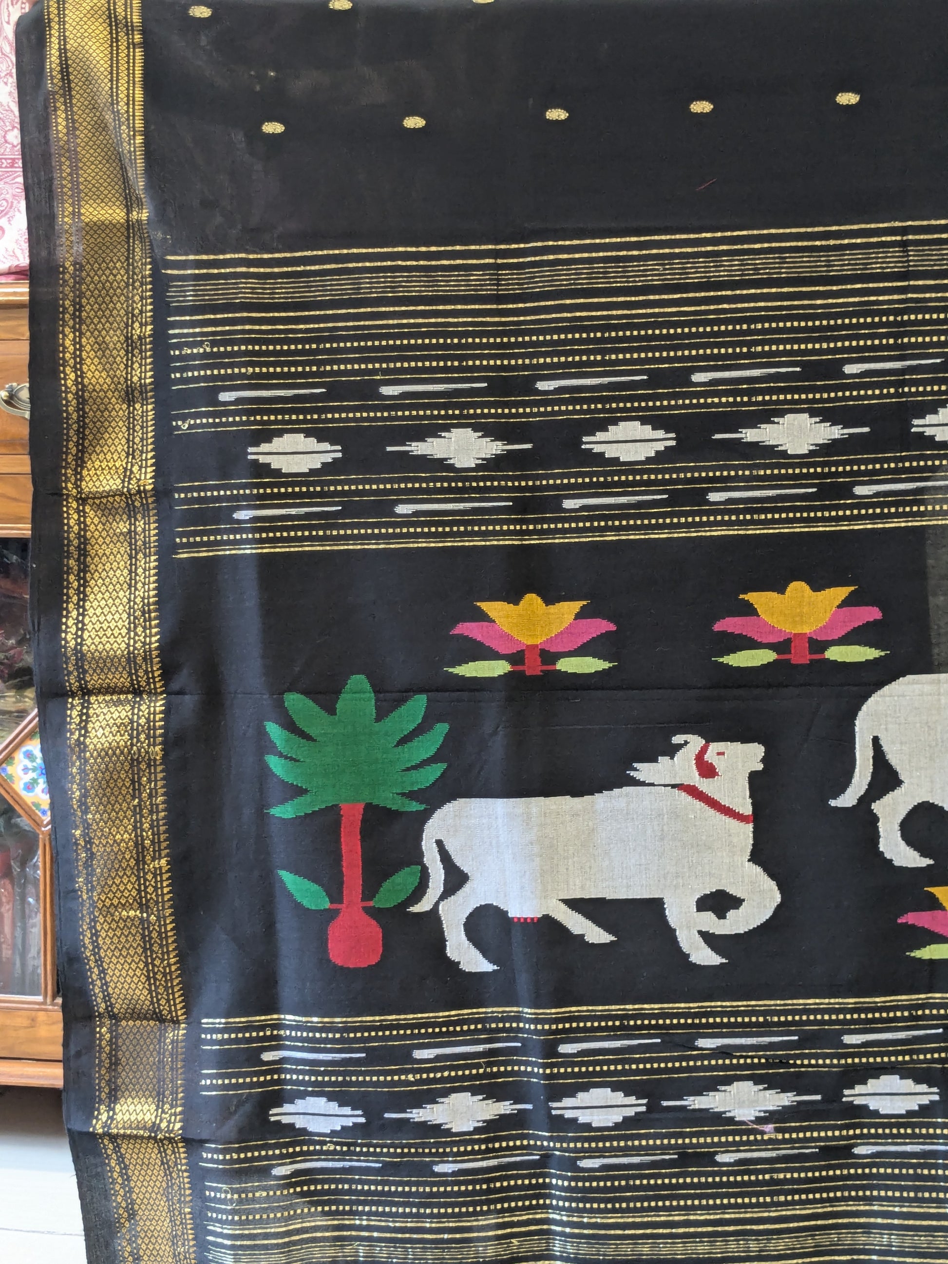 Black Handloom Pure Cotton Pichwai Cow Paithani