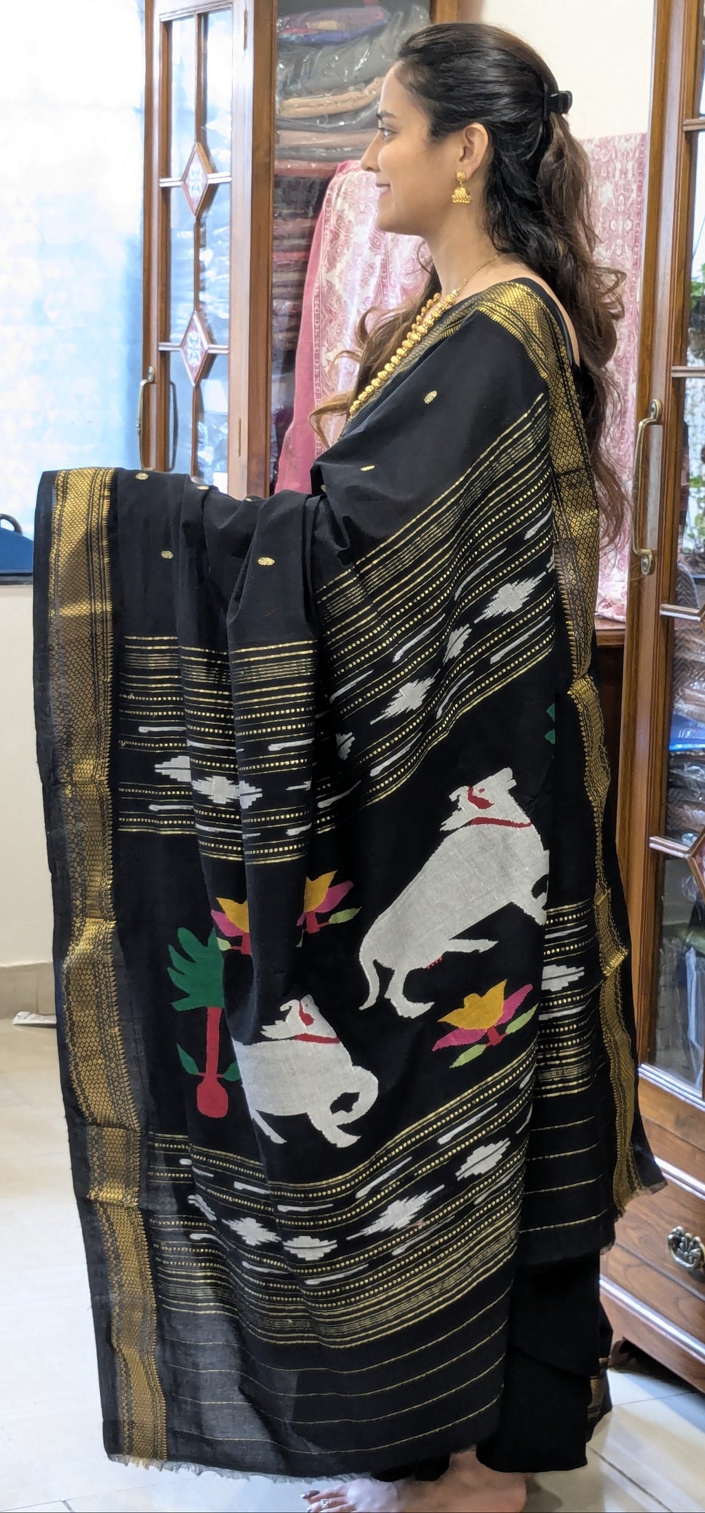 Black Handloom Pure Cotton Pichwai Cow Paithani