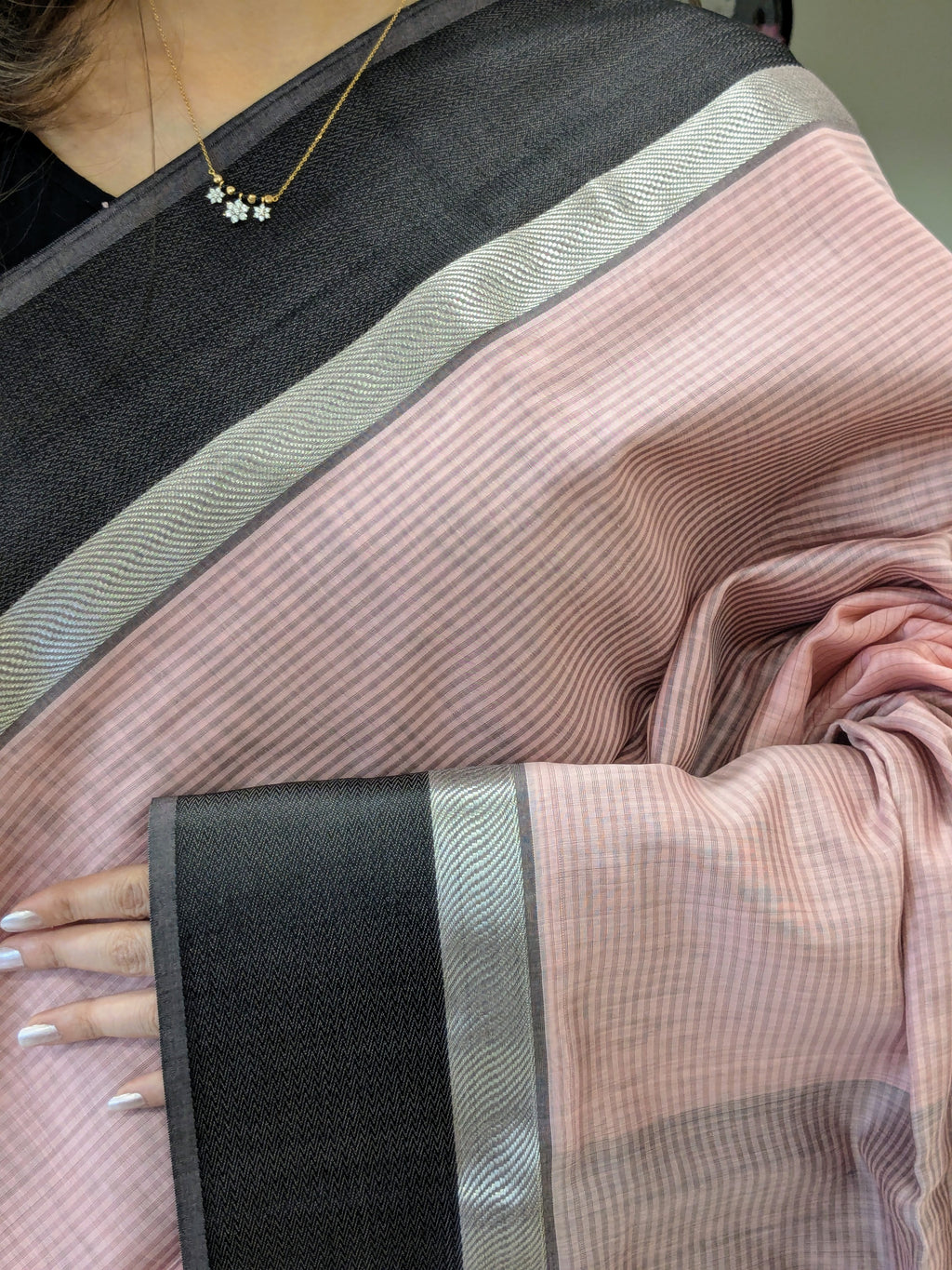 Maheshwari Pink Saree with Black Resham Border