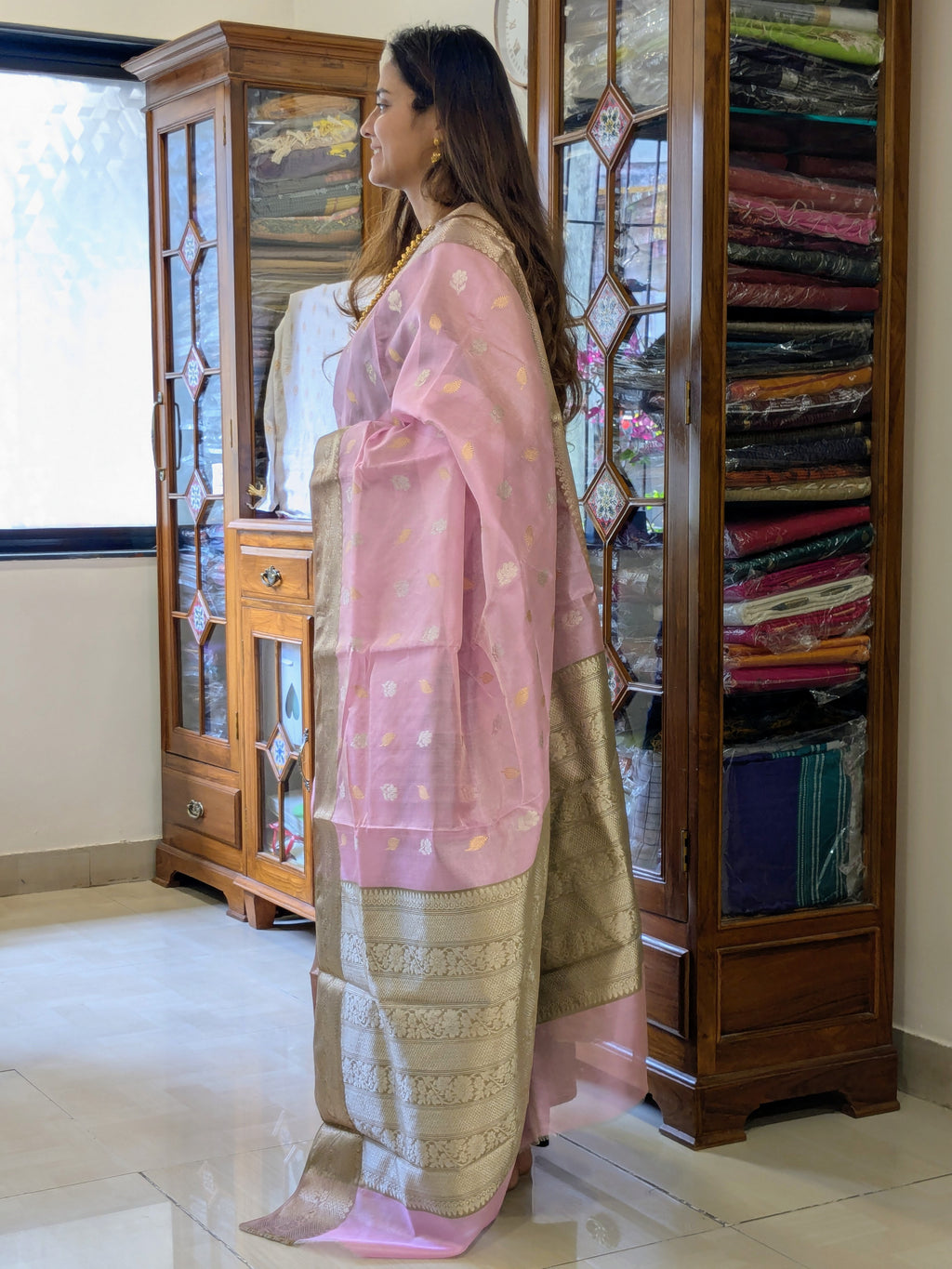 Baby Pink Hand Block Printed Chanderi Silk Saree
